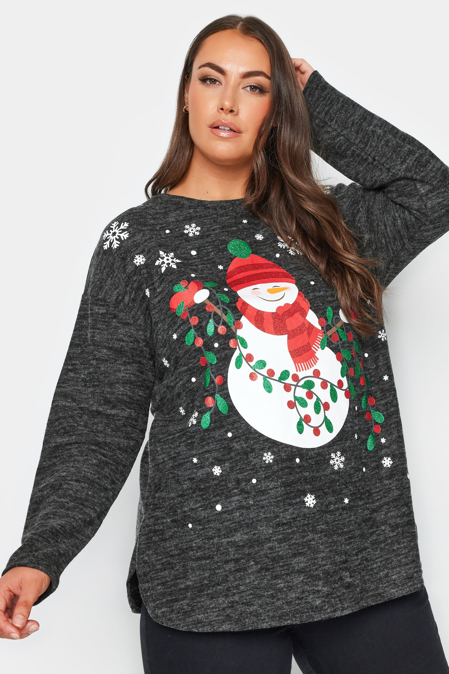 YOURS Plus Size Grey Snowman Print Soft Touch Christmas Jumper | Yours Clothing 1