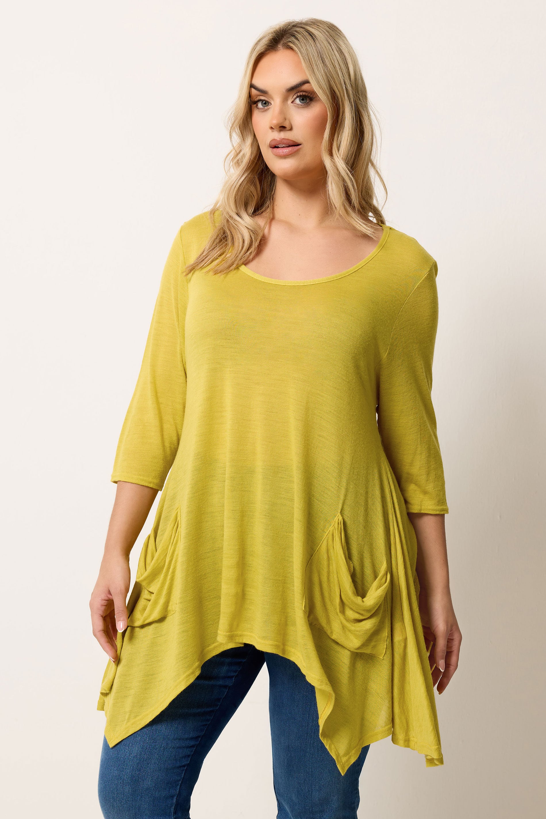 YOURS Plus Size Yellow Hanky Hem Pocket Front Top | Yours Clothing 3
