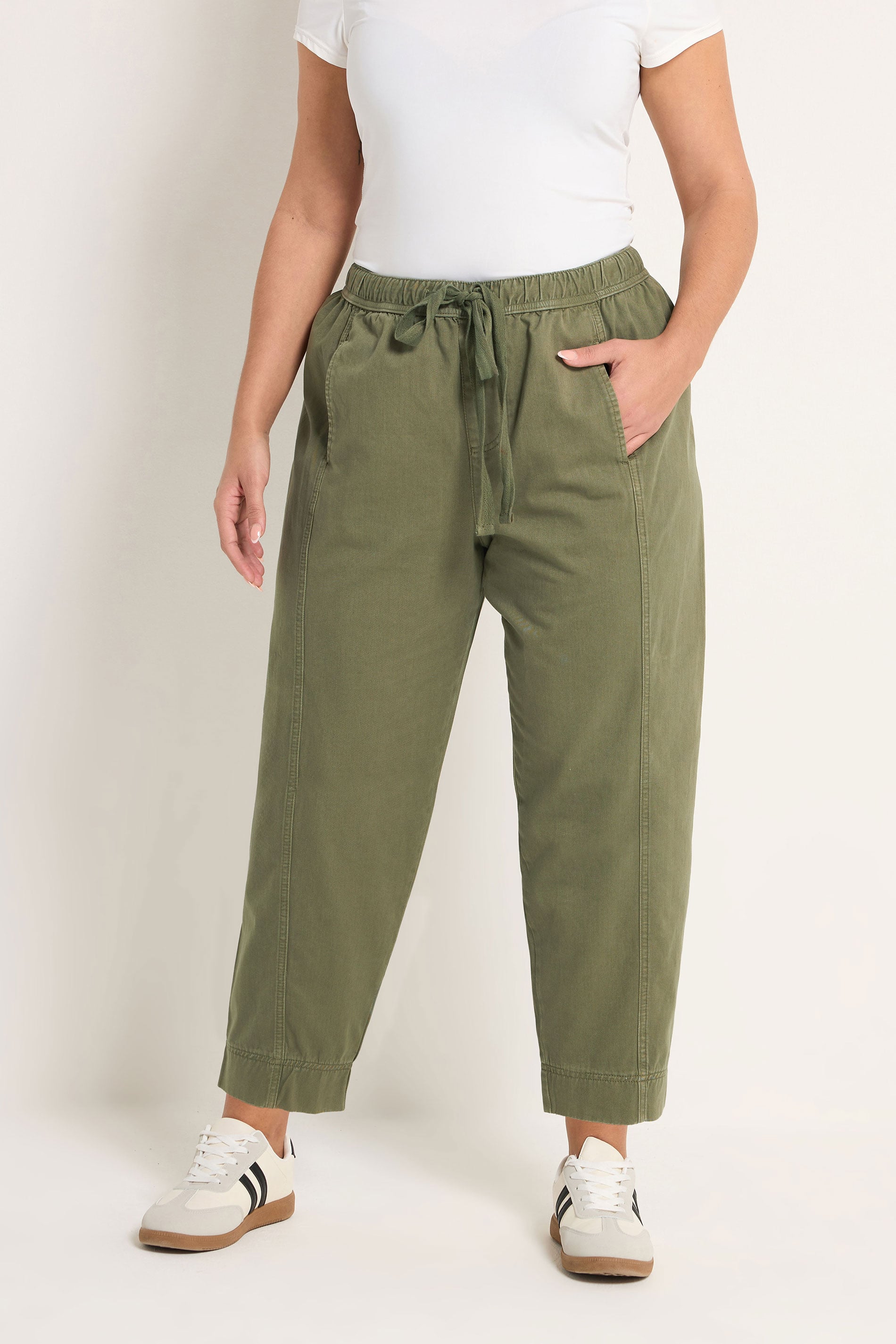 YOURS Plus Size Khaki Green Twill Barrel Leg Trousers | Yours Clothing 1