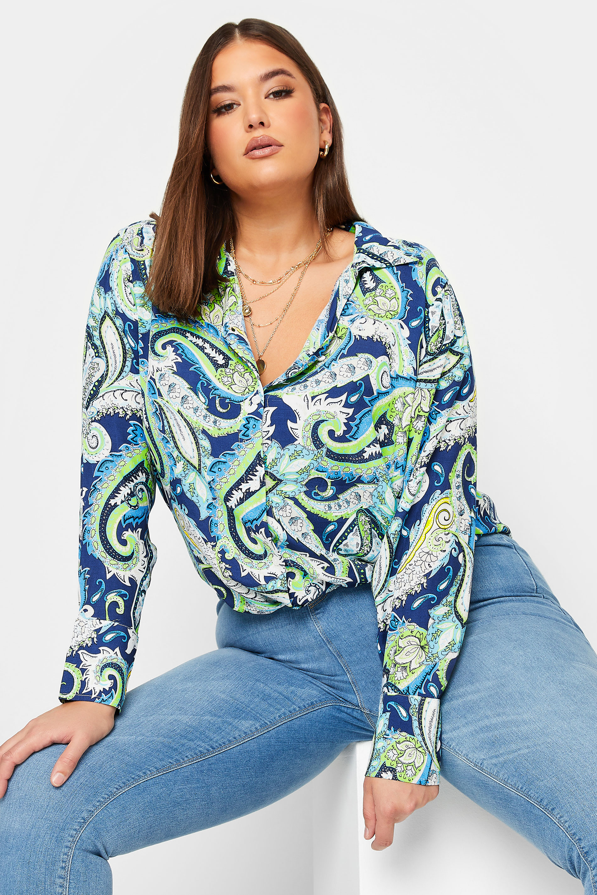 YOURS Curve Plus Size Navy Blue Paisley Print Long Sleeve Shirt | Yours Clothing  1
