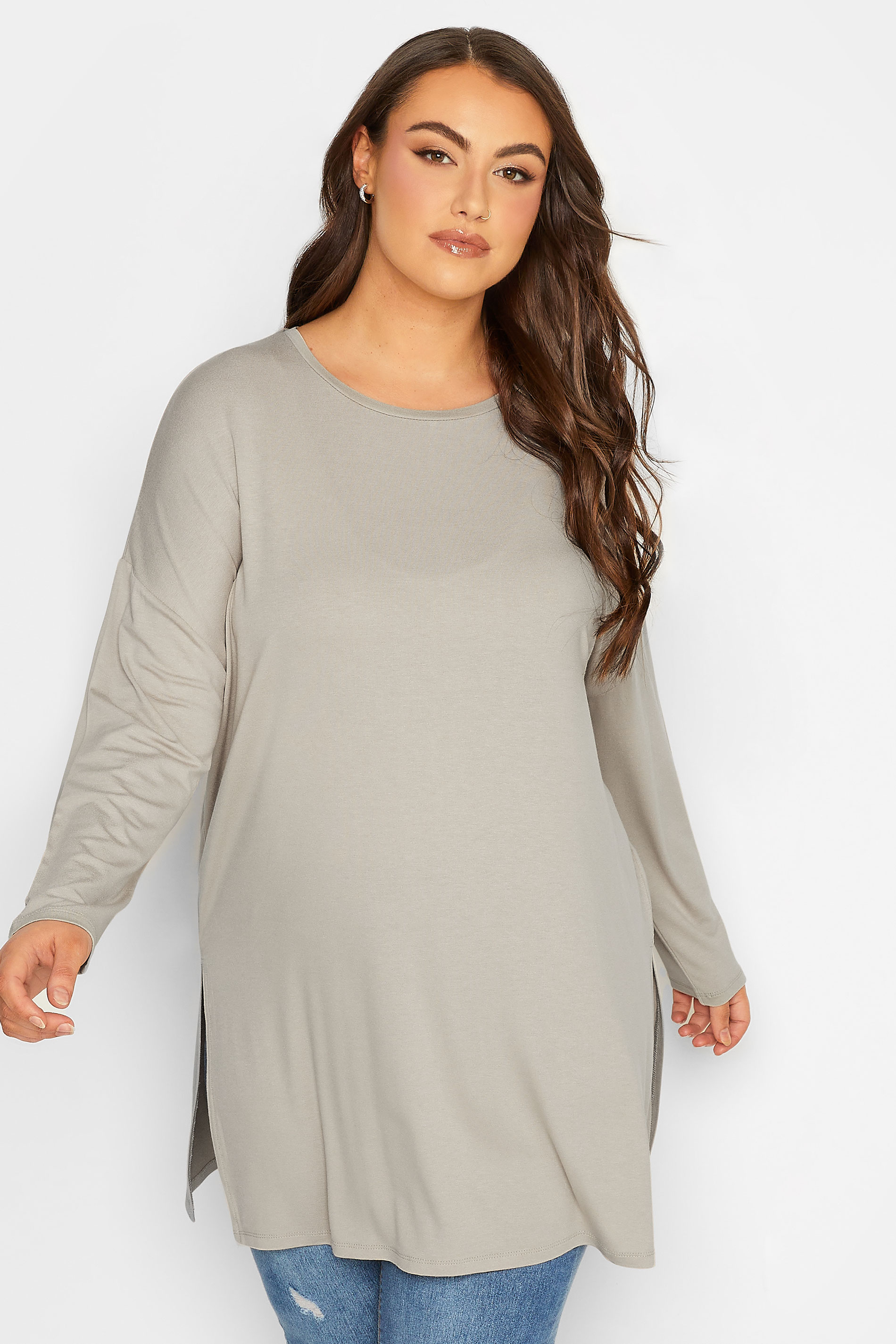 YOURS Plus Size Curve Beige Brown Side Split T-Shirt | Yours Clothing  1