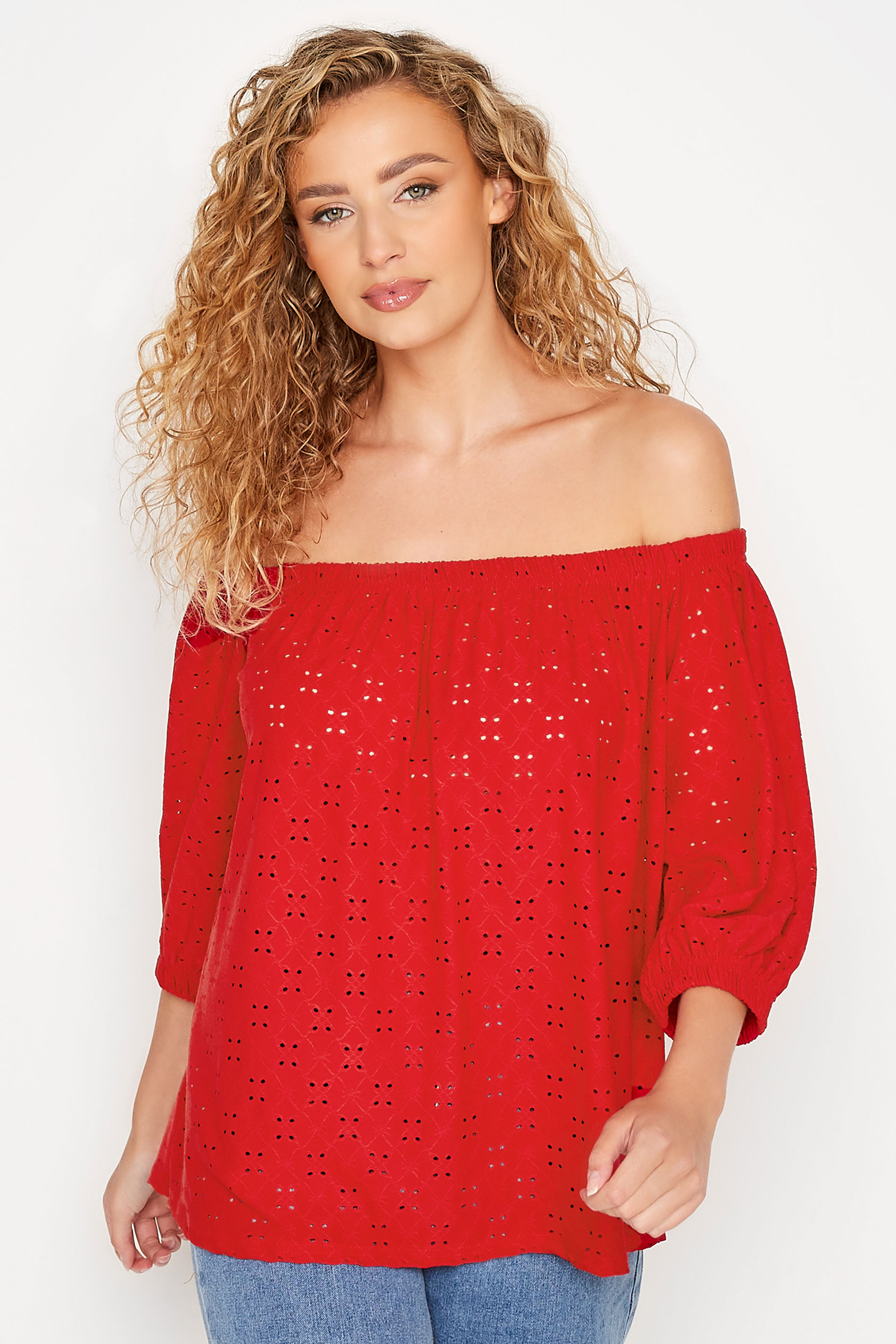 LTS Tall Red Broderie Anglaise Bardot Top 1