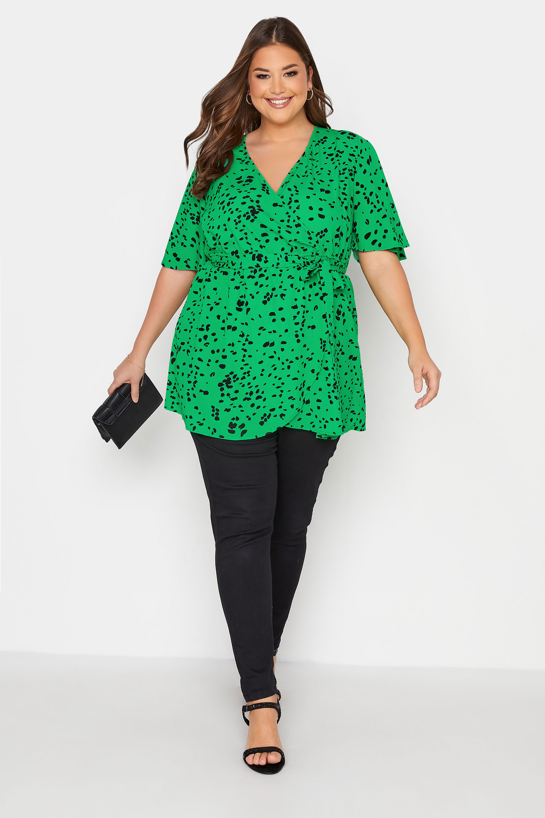 Plus Size Bright Green Dalmatian Print Wrap Top | Yours Clothing 2