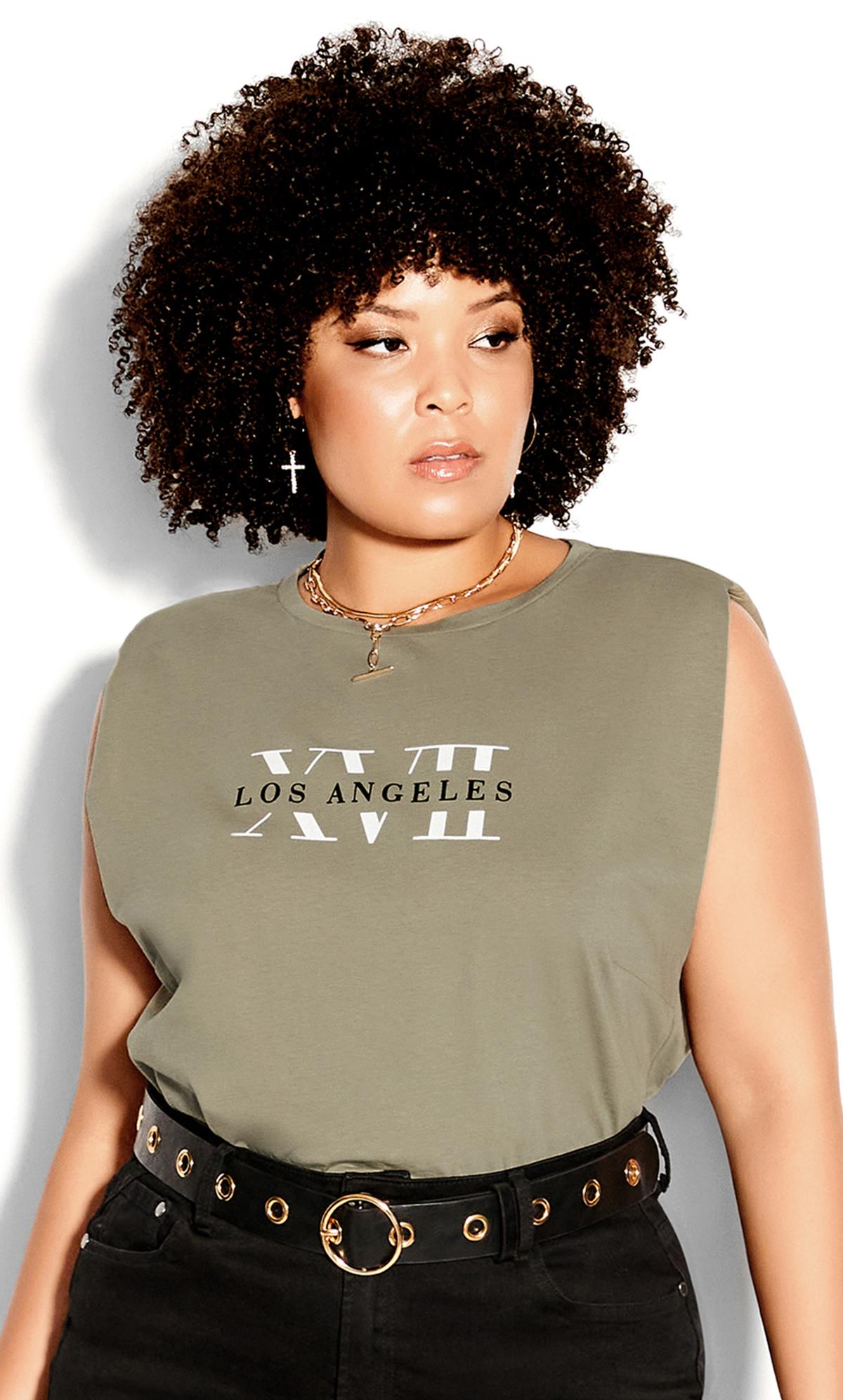 Evans Khaki Green 'Los Angeles' Print Sleeveless T-Shirt 2