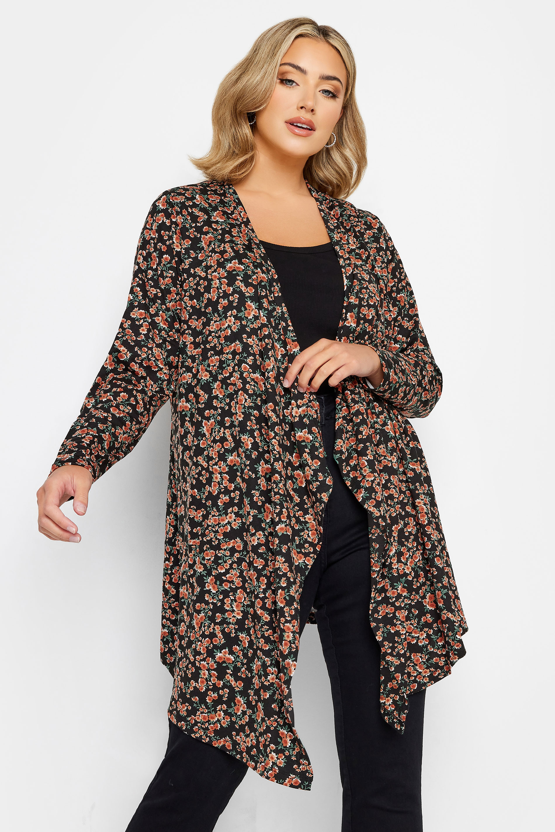 YOURS Plus Size Black Ditsy Floral Print Waterfall Cardigan | Yours Clothing 1