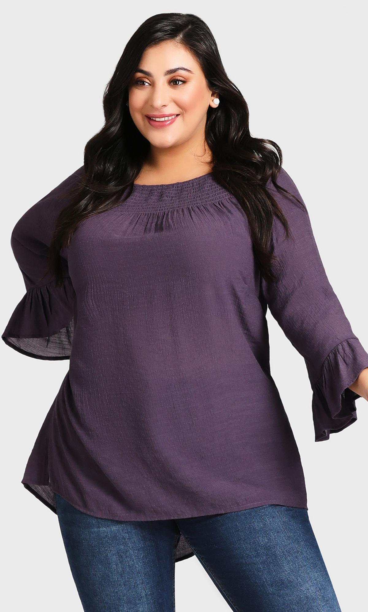 Evans Purple Longline Top with Frill Sleeve 1
