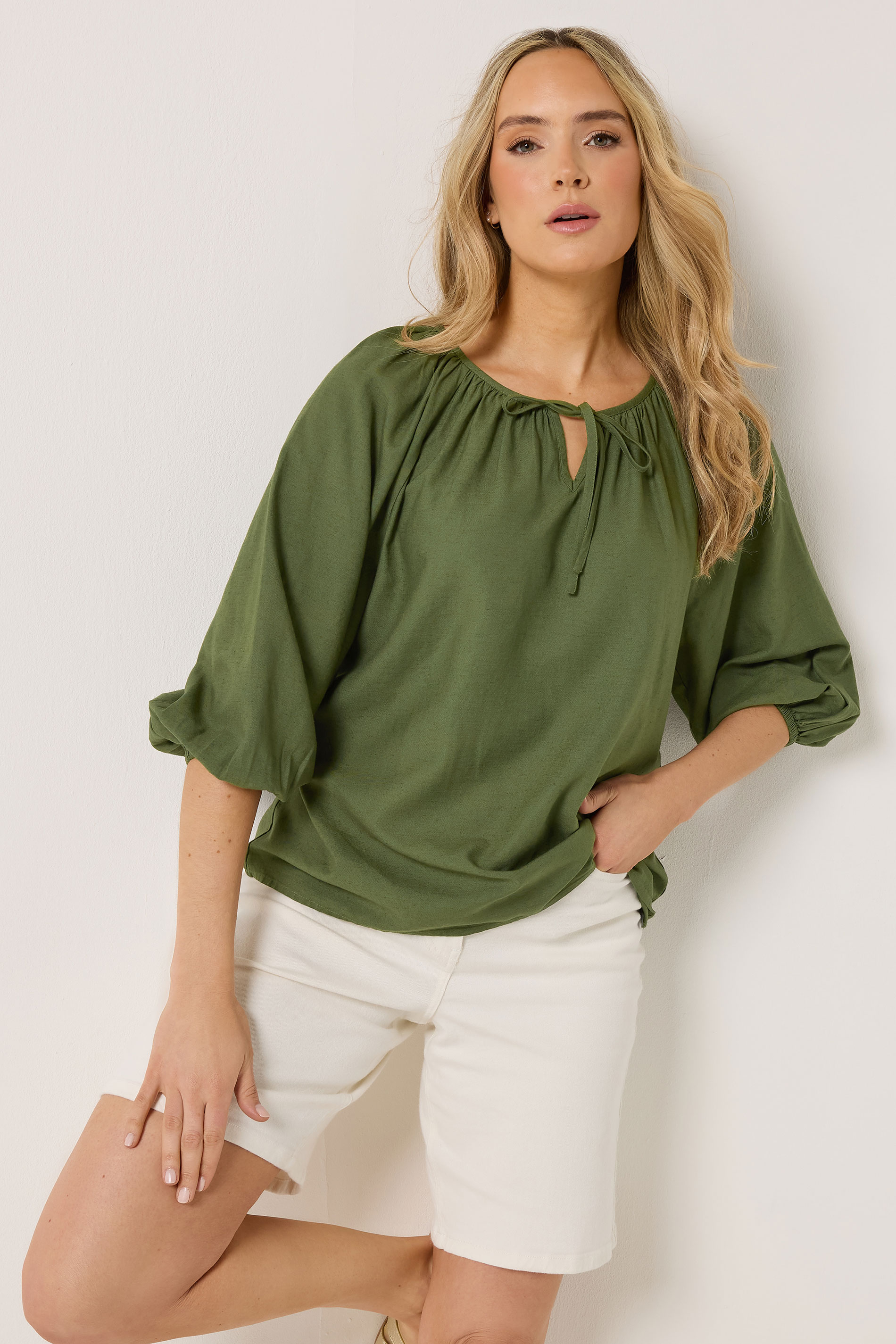 LTS Tall Women's Khaki Green Tie Front Linen Blouse | Long Tall Sally 1