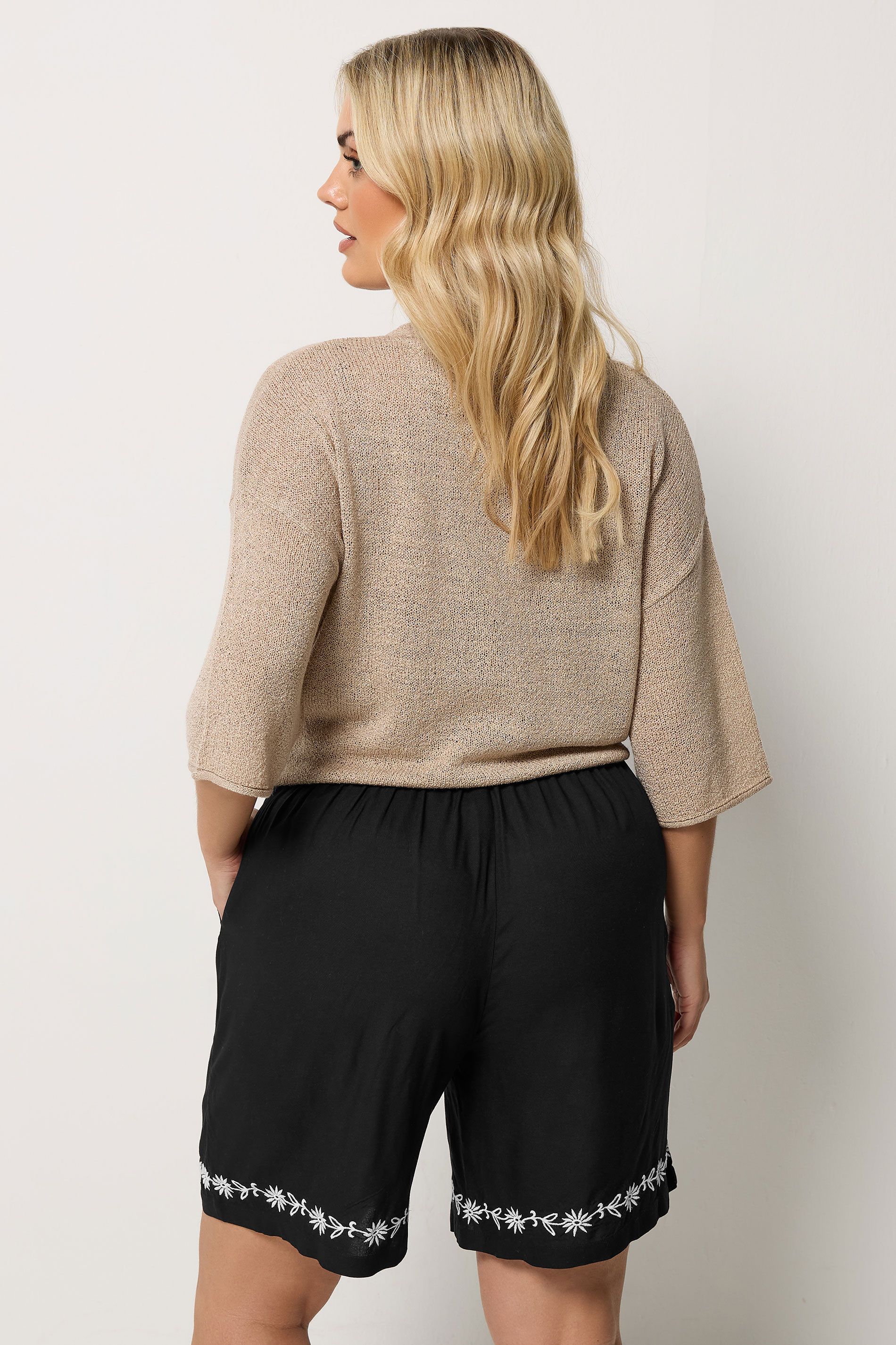 YOURS Plus Size Black Floral Embroidered Hem Shorts | Yours Clothing 2