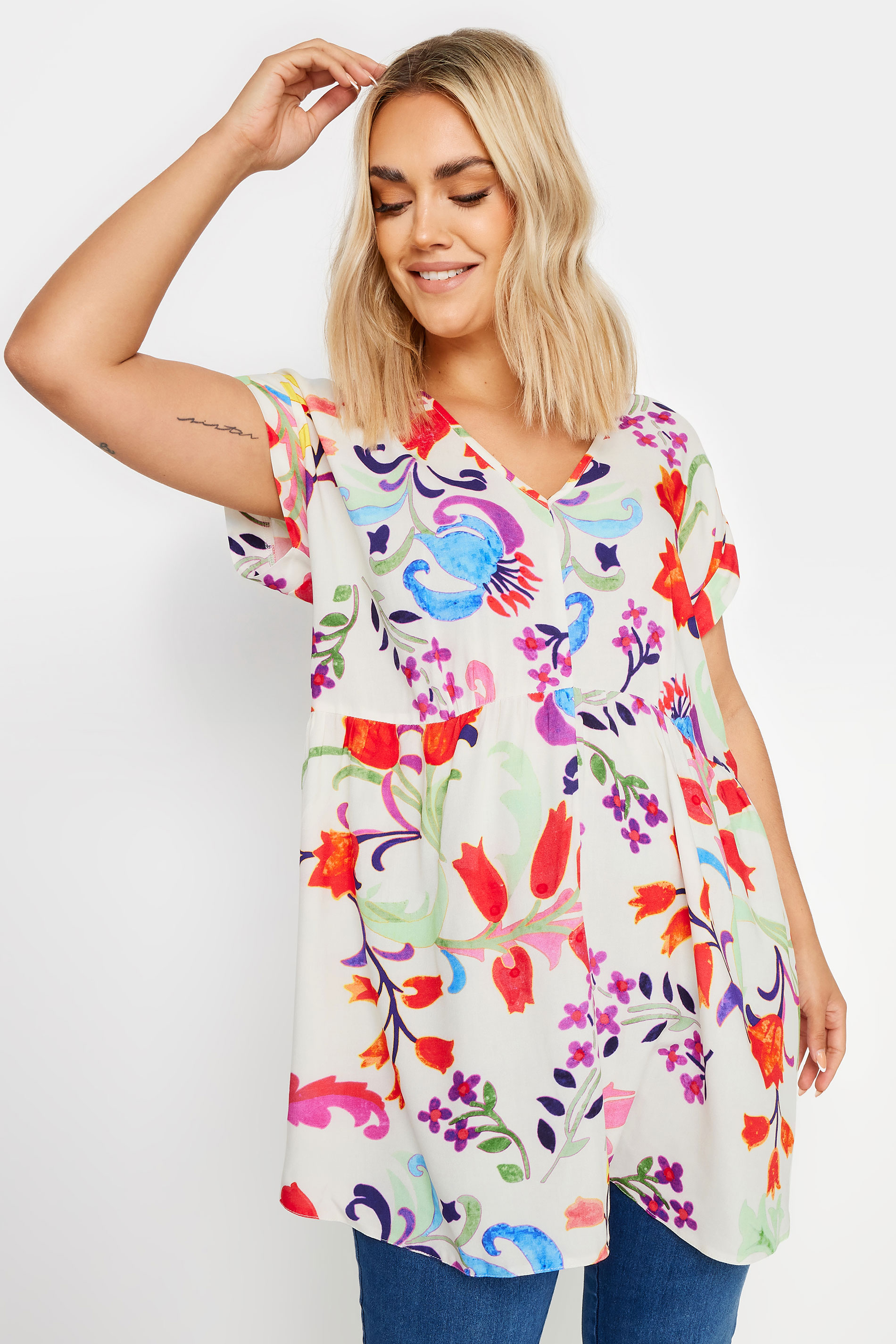 YOURS Curve White Floral Print Tunic Top | Yours Clothing 1
