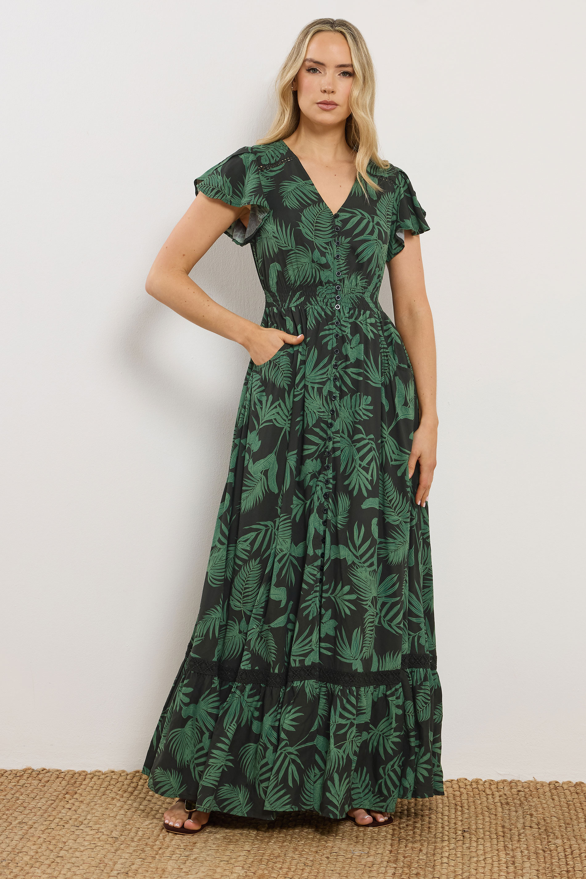 LTS Tall Women's Black & Green Palm Print Button Maxi Dress | Long Tall Sally 1