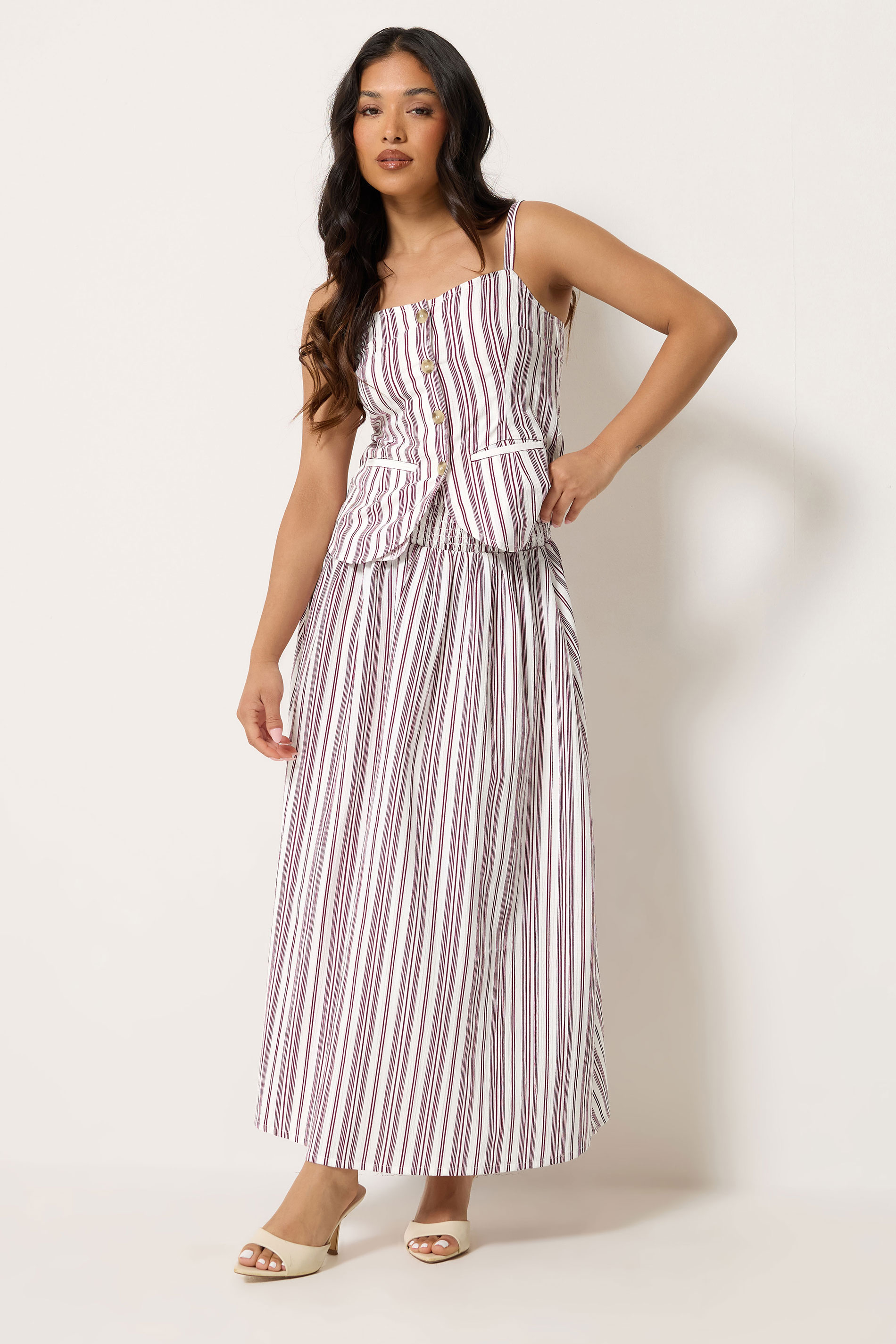 PixieGirl Petite Women's Burgundy Red Stripe Cami & Maxi Skirt Set | PixieGirl 3