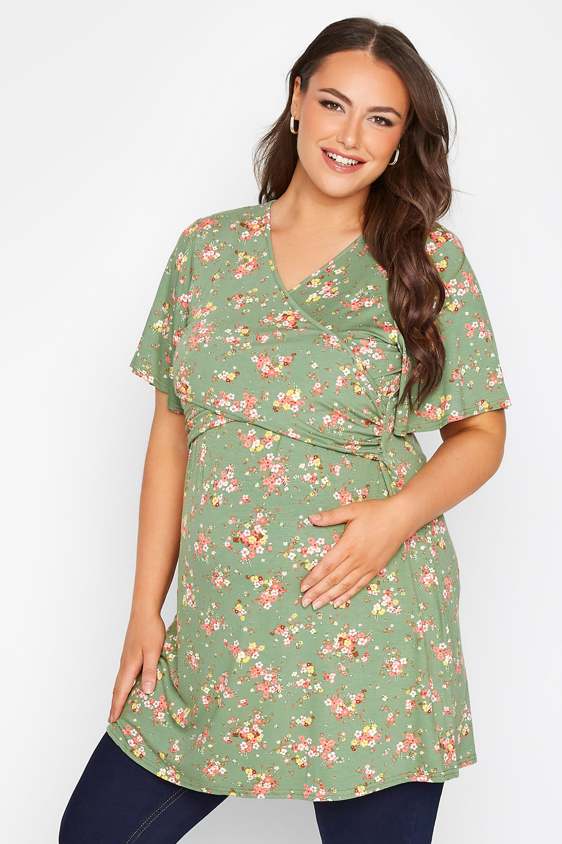 Plus Size BUMP IT UP MATERNITY Green Floral Nursing Top | Yours Clothing 2
