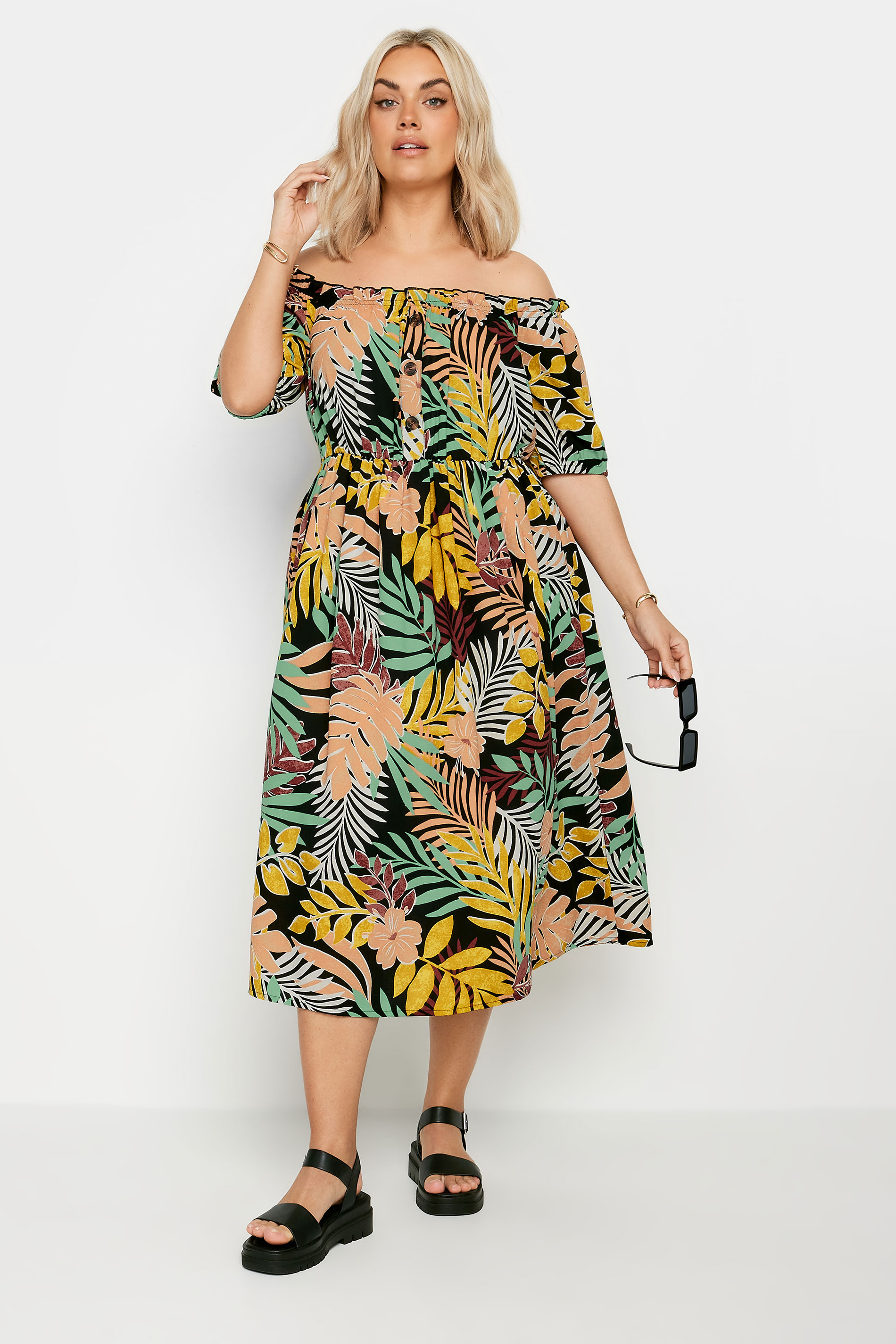YOURS Plus Size Black Tropical Print Bardot Midaxi Dress | Yours Clothing 2