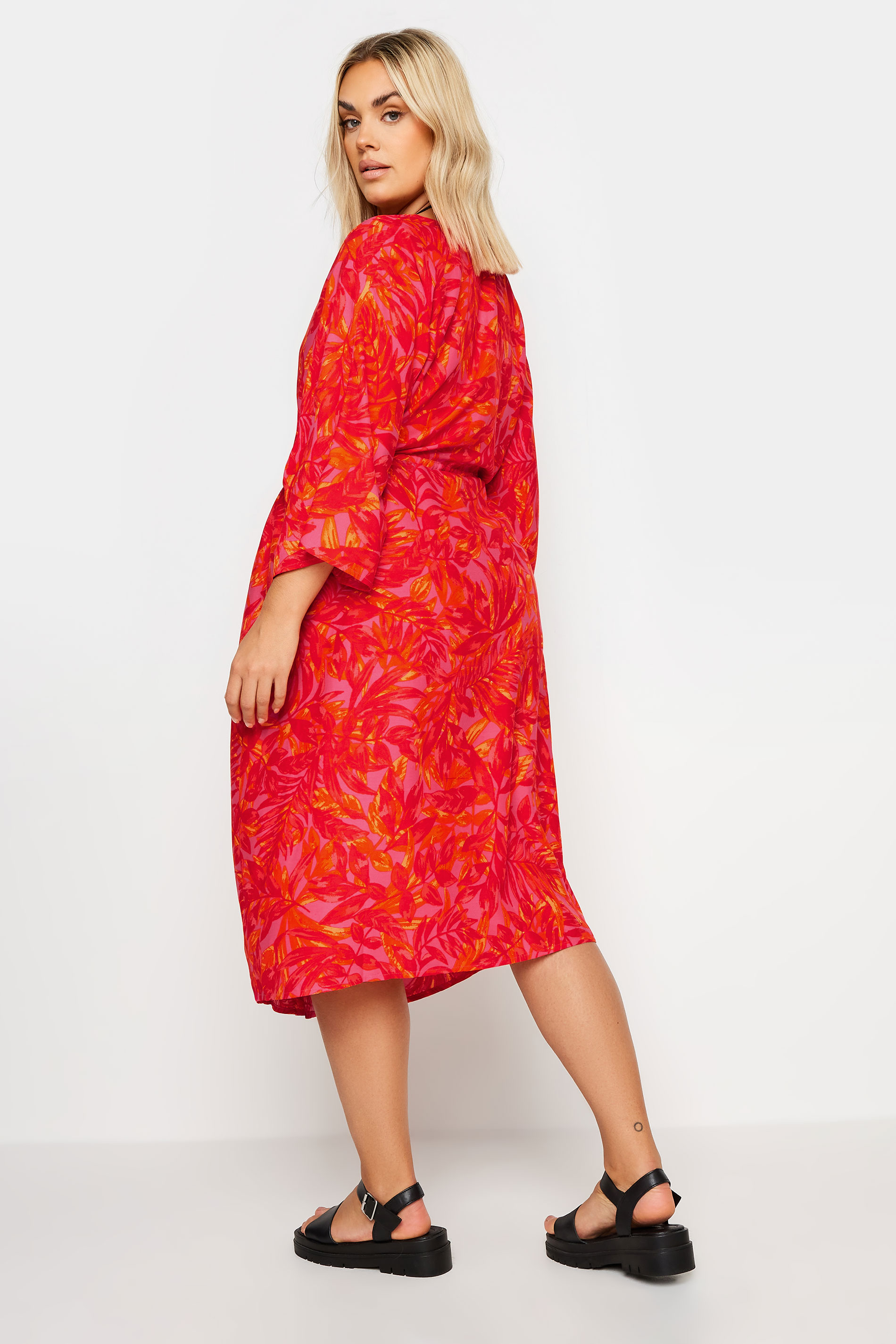LIMITED COLLECTION Plus Size Pink Leaf Print Midi Kimono | Yours Clothing 3