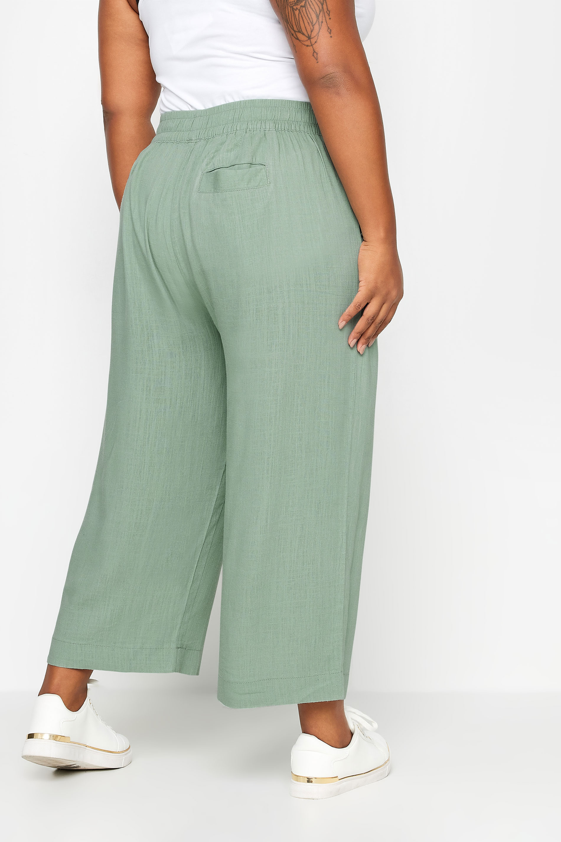 YOURS Plus Size Sage Green Wide Leg Cropped Linen Trousers | Yours Clothing 3