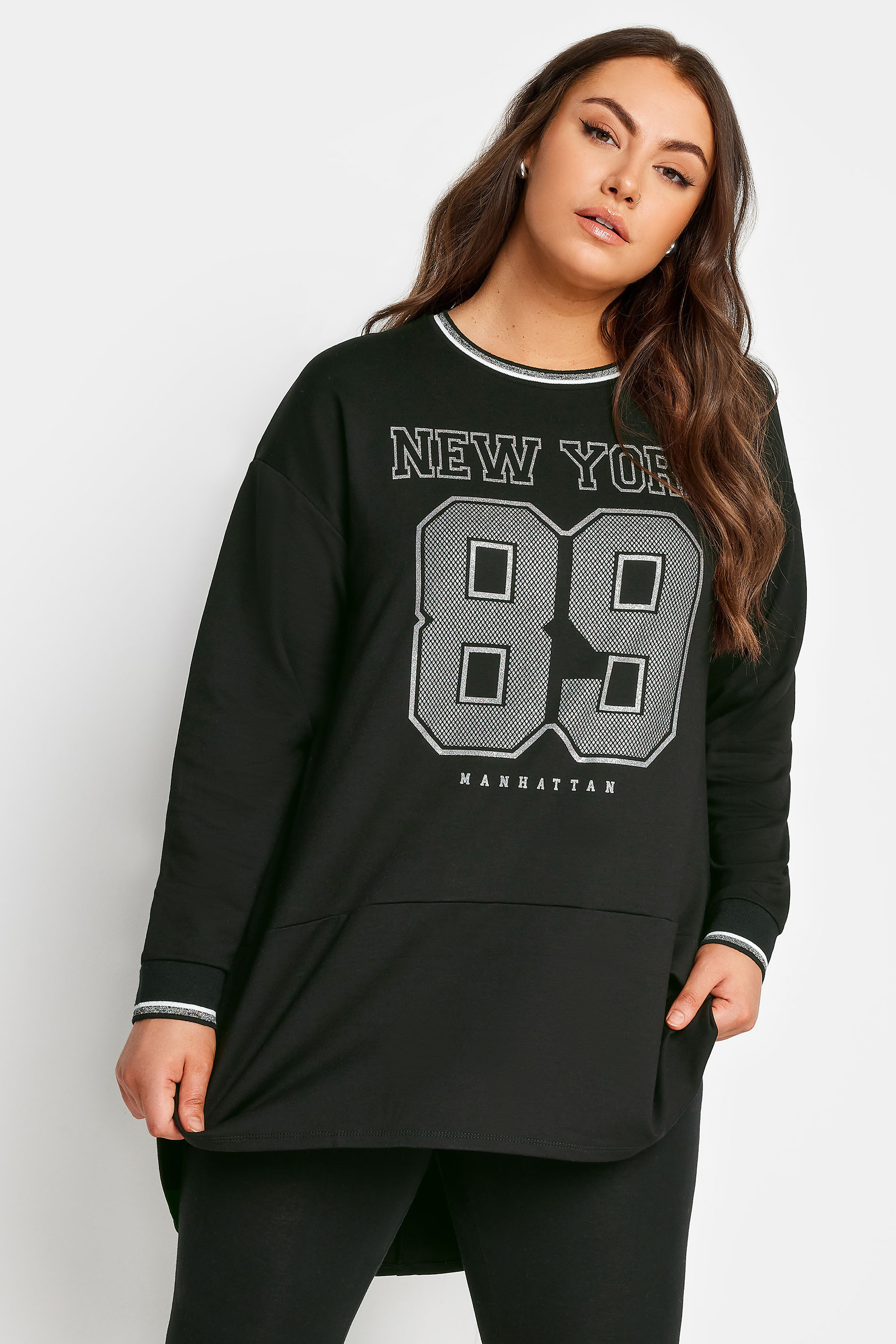 YOURS Plus Size Black 'New York' Glitter Slogan Sweatshirt | Yours Clothing 1