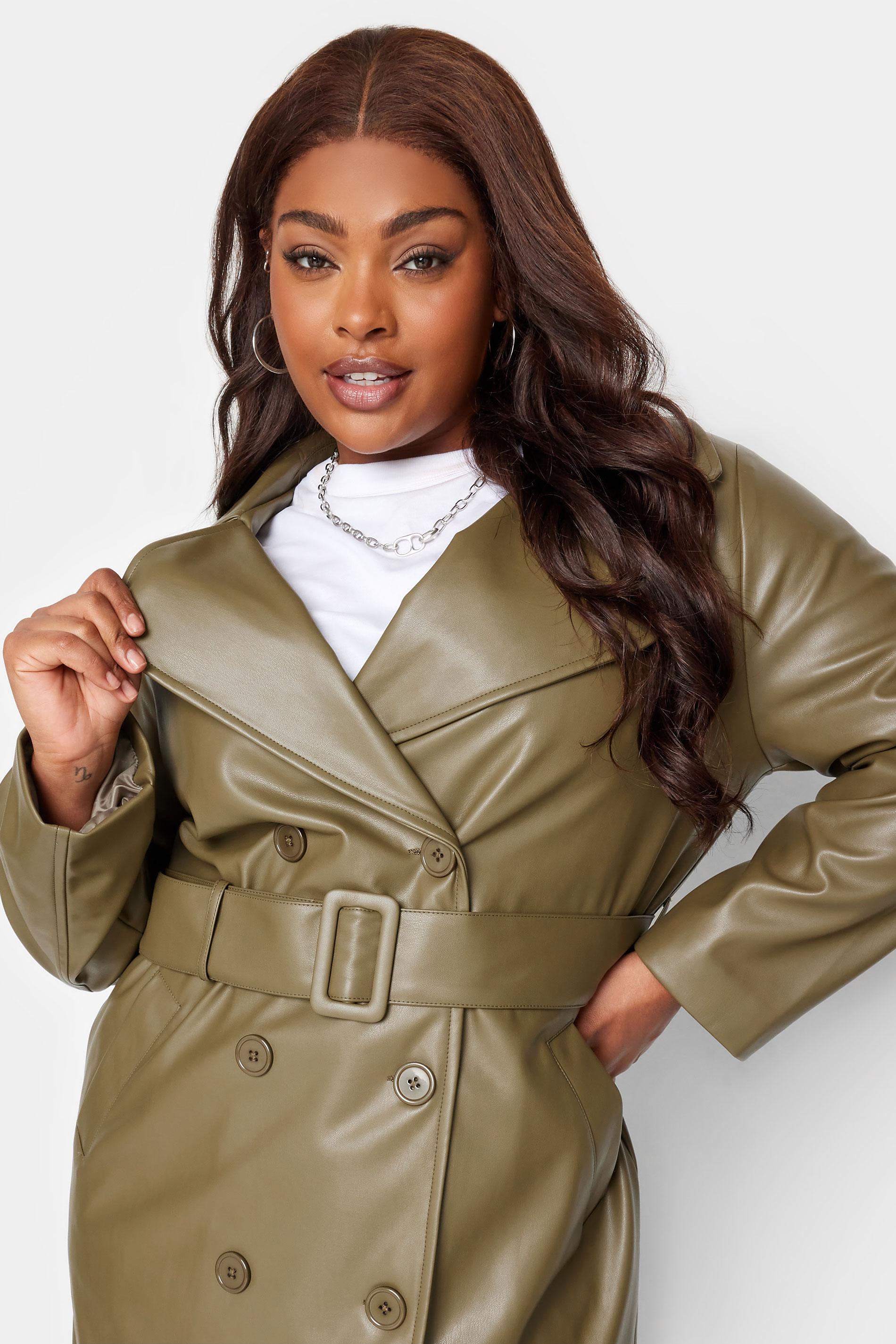 YOURS Plus Size Olive Green Faux Leather Trench Coat | Yours Clothing