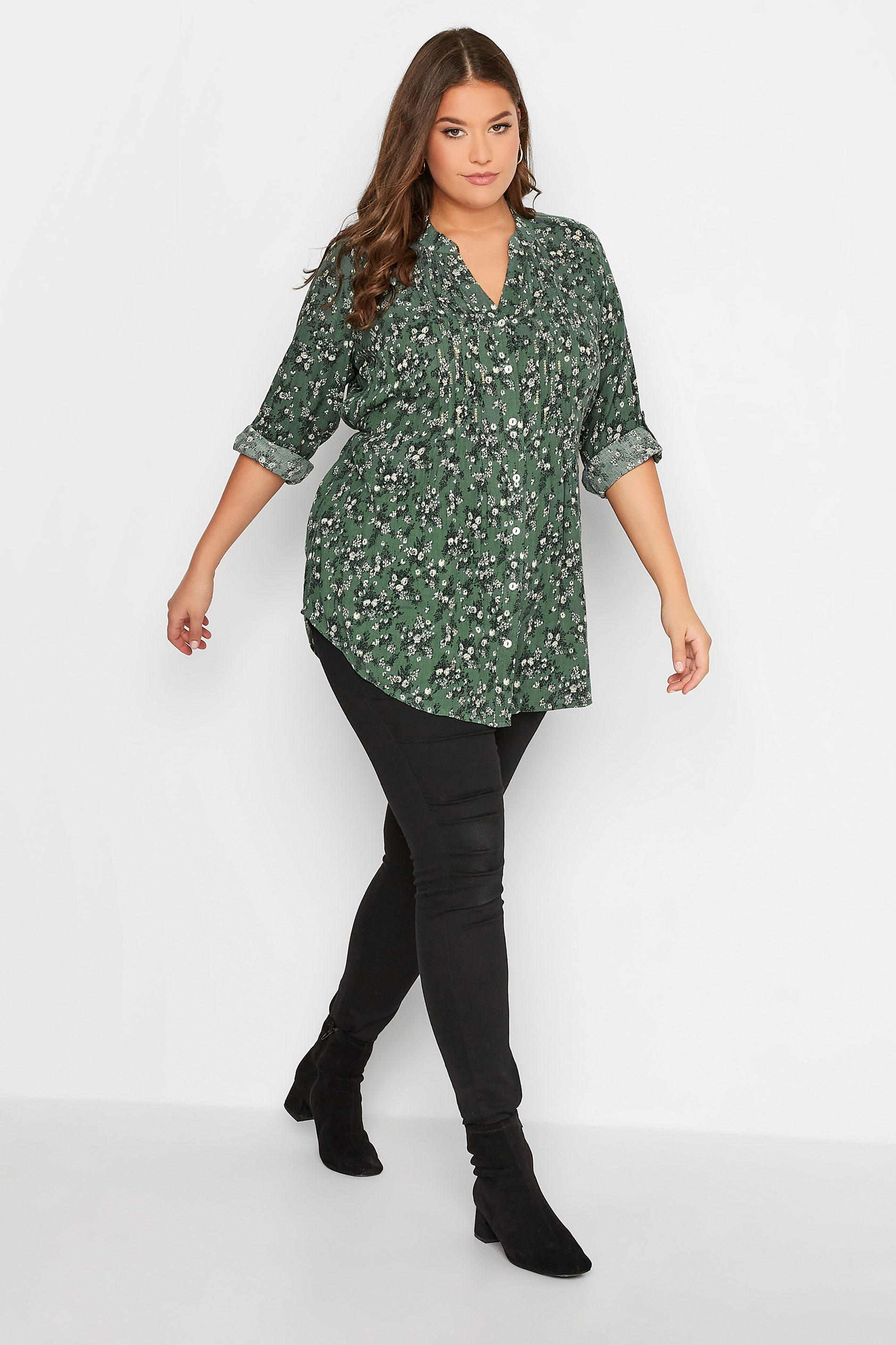 Plus Size Green Floral Print Sequin Embellished Pintuck Shirt | Yours Clothing 2