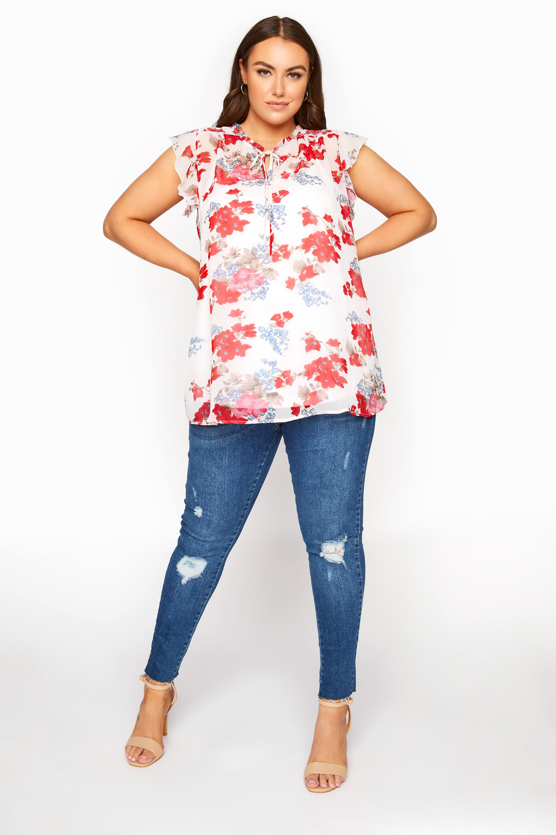Plus Size White Floral Tie Frill Neck Blouse | Yours Clothing 2