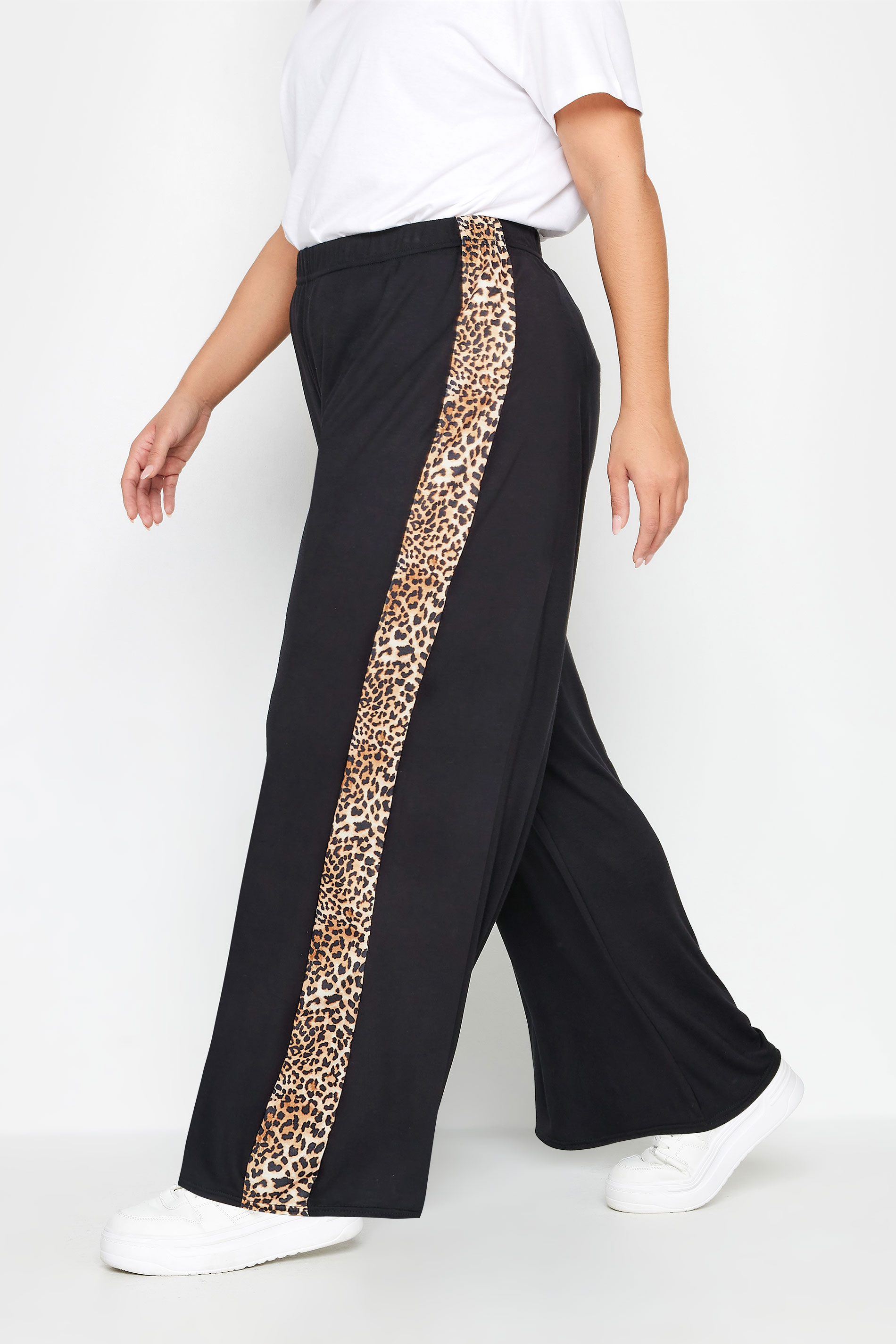 LIMITED COLLECTION Plus Size Black Leopard Print Stripe Wide Leg Trousers | Yours Clothing 1
