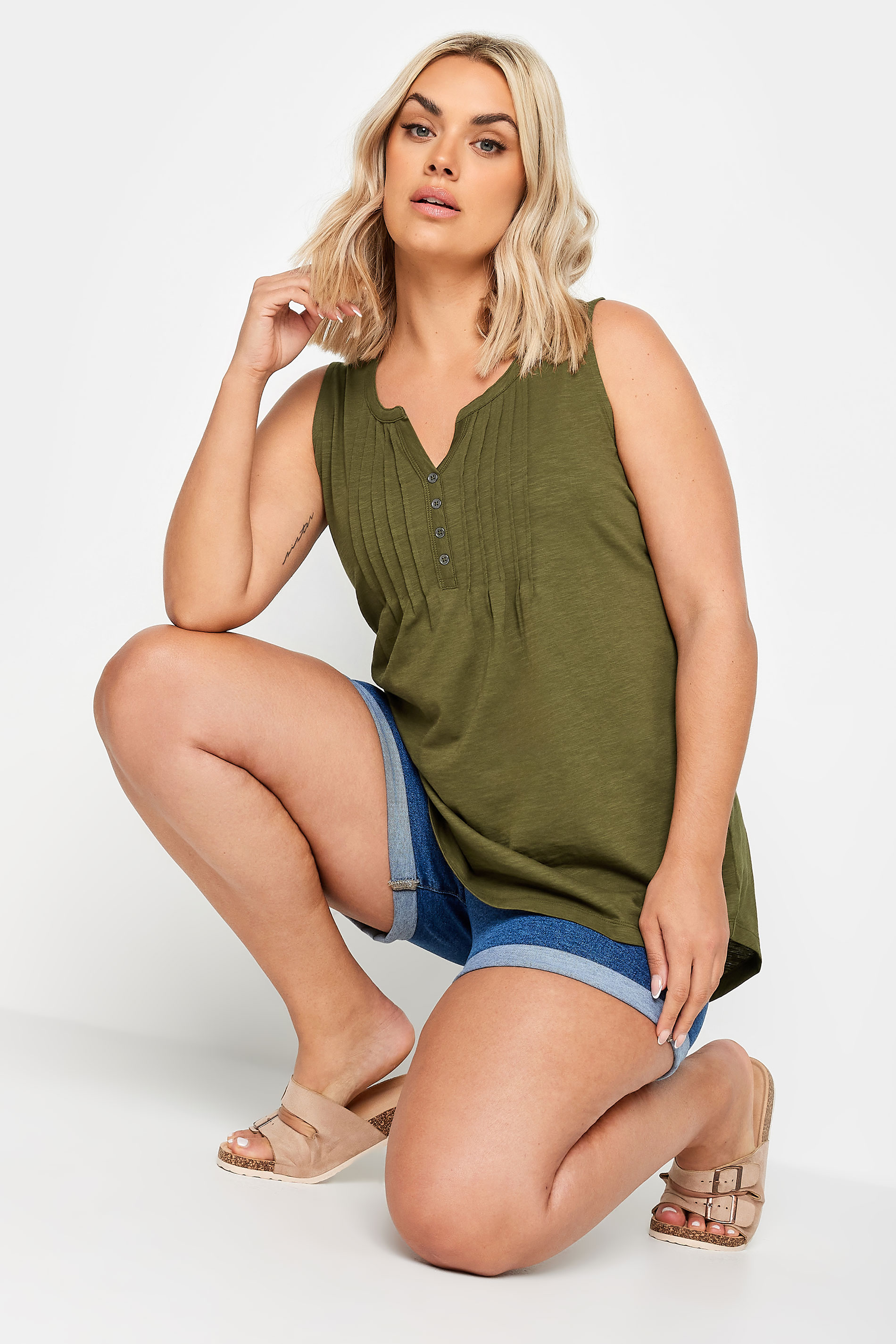 YOURS Plus Size Olive Green Pintuck Henley Vest Top | Yours Clothing 2