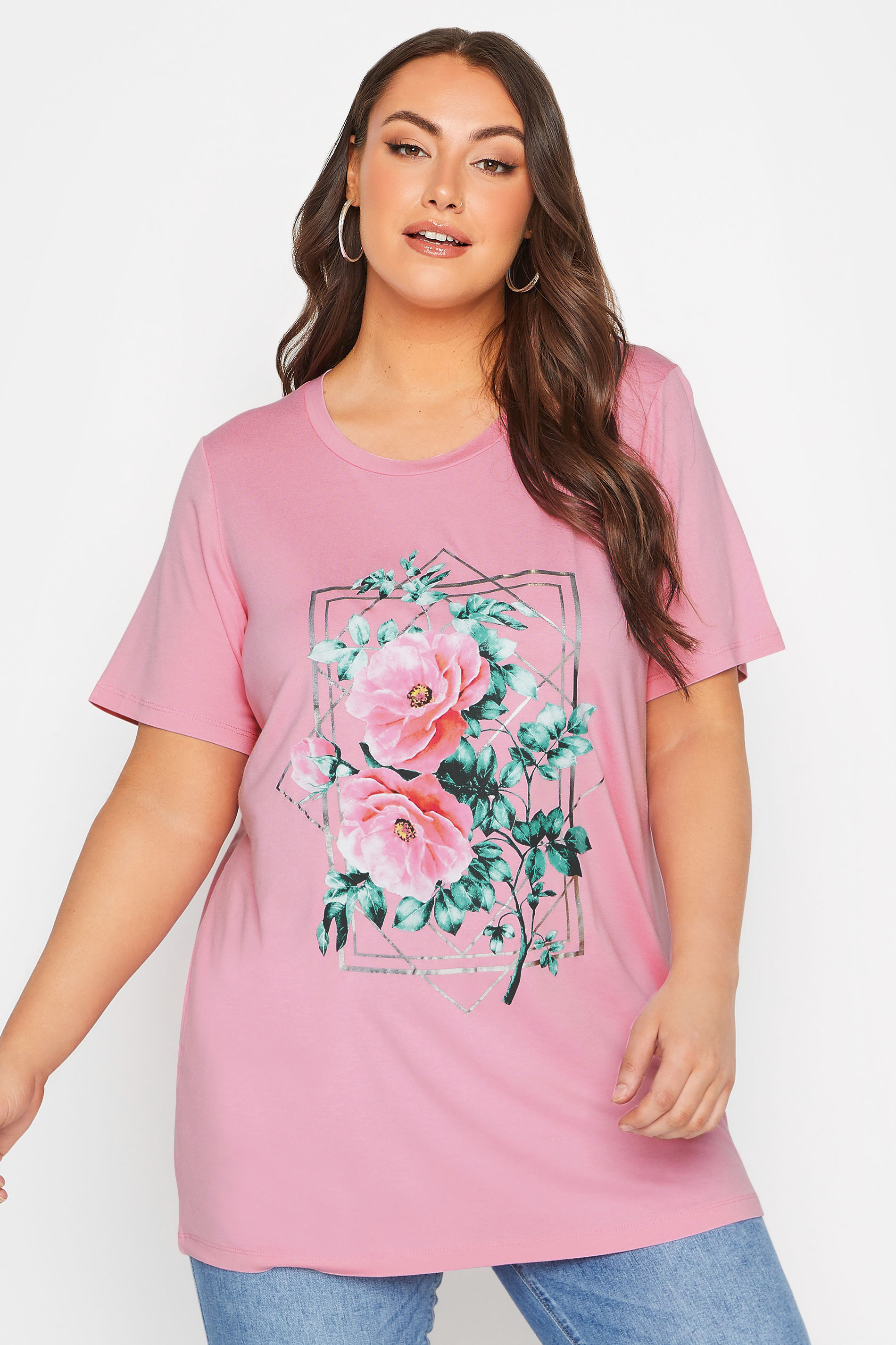 YOURS Curve Pink Floral Foil Print T-Shirt | Yours Clothing  1