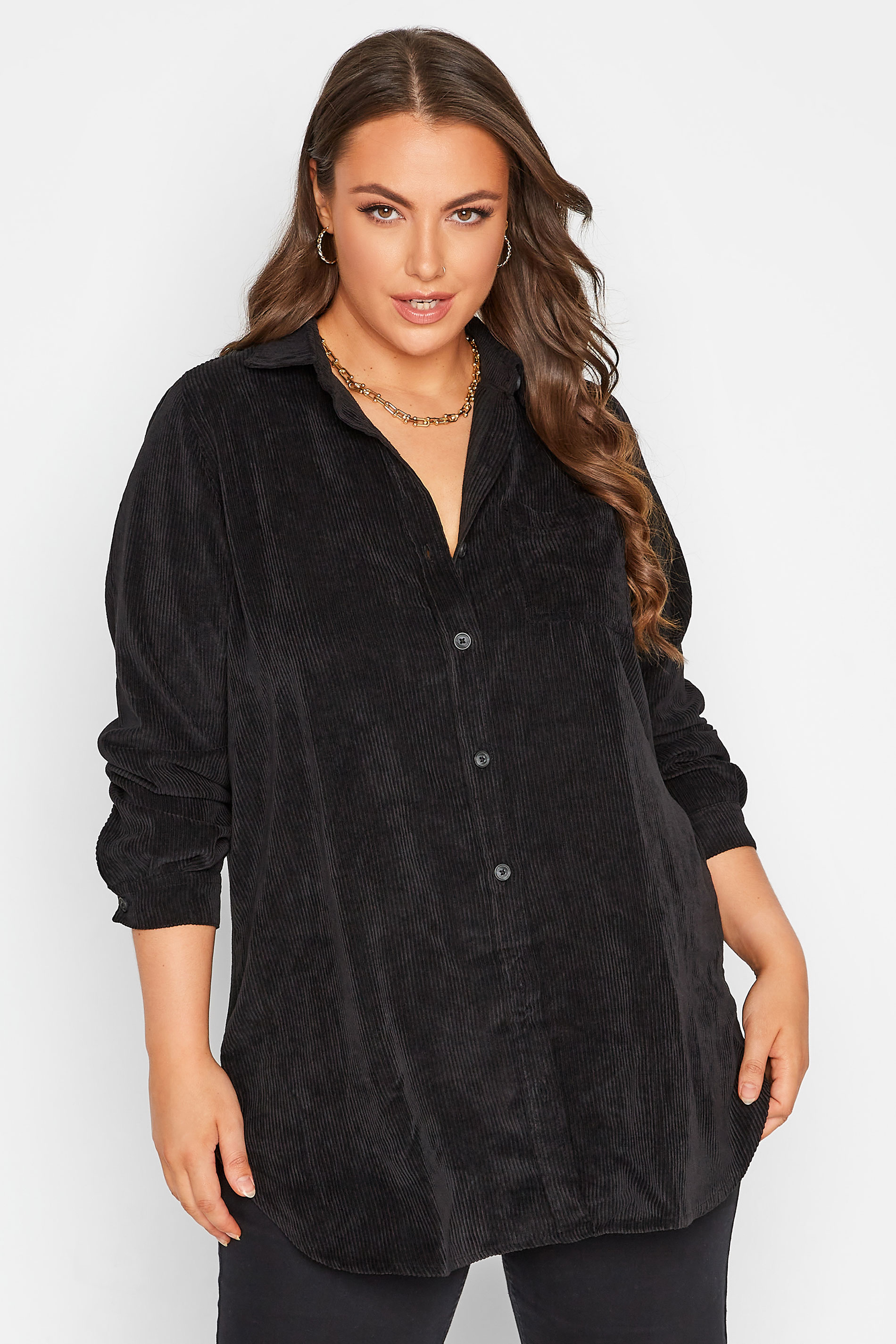 Plus Size Black Cord Longline Shirt | Yours Clothing 1