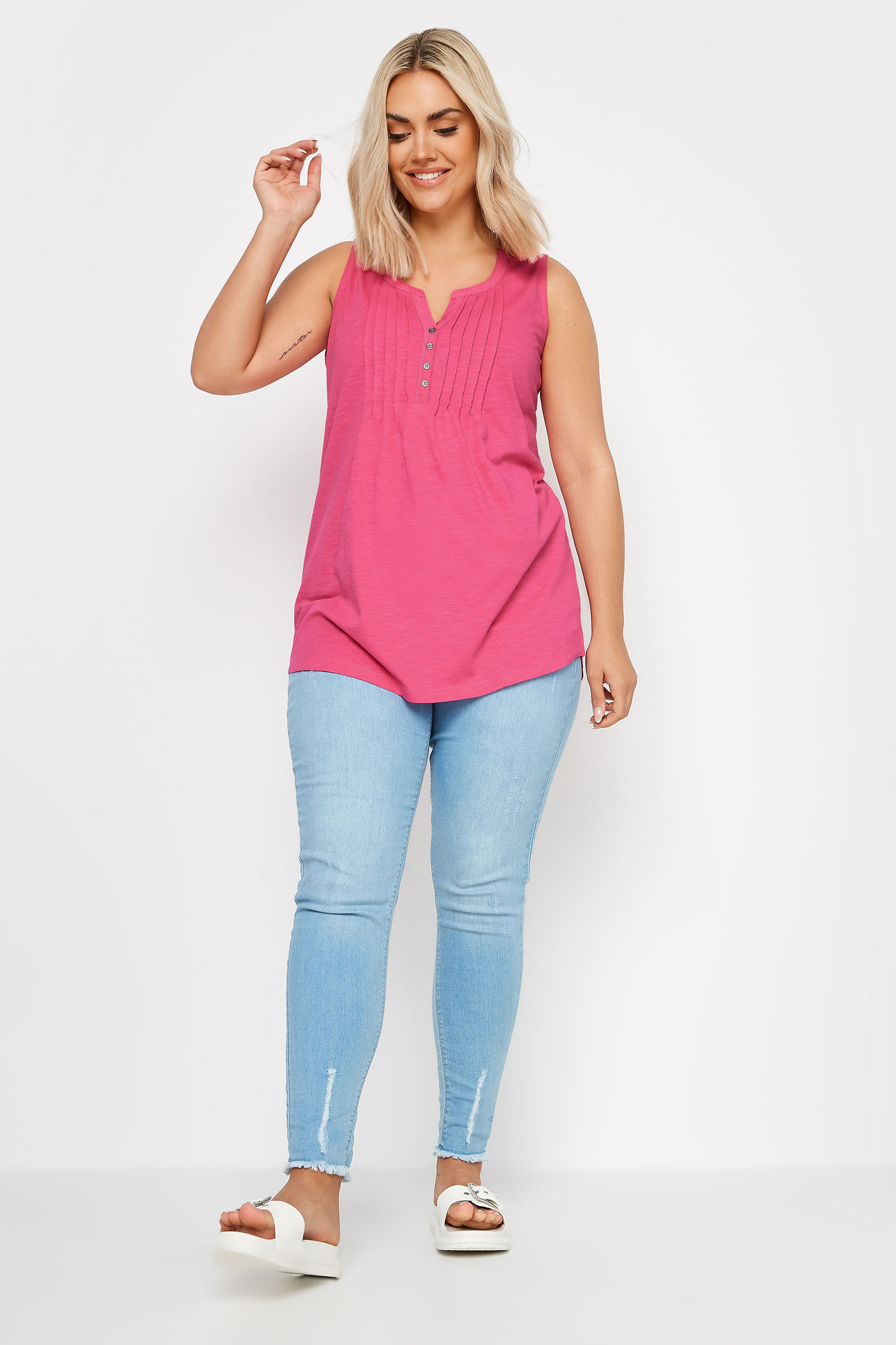 YOURS Plus Size 2 PACK Pink & White Pintuck Henley Vest Tops | Yours Clothing 3