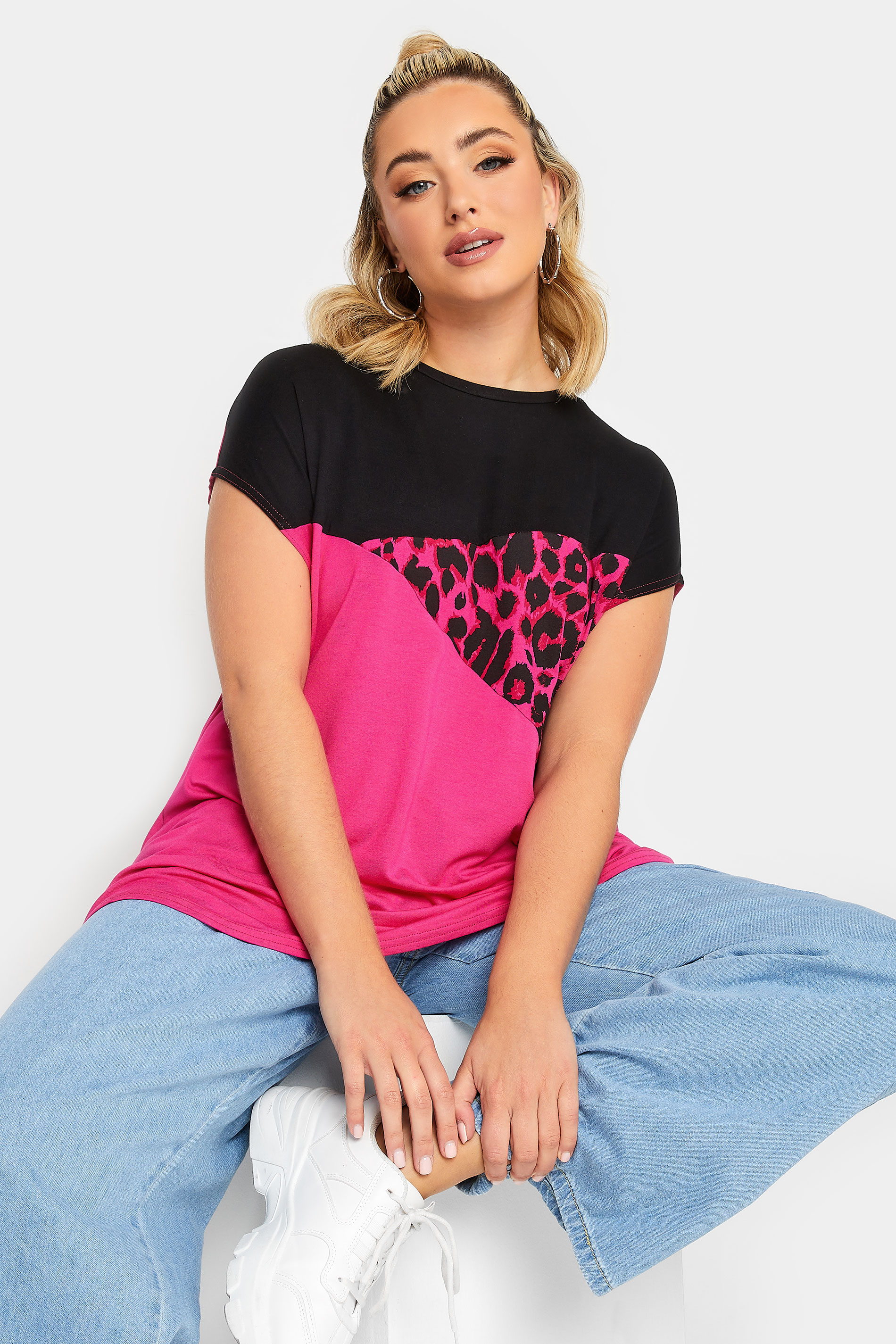 LIMITED COLLECTION Plus Size Hot Pink Leopard Print Colour Block T-Shirt | Yours Clothing 1