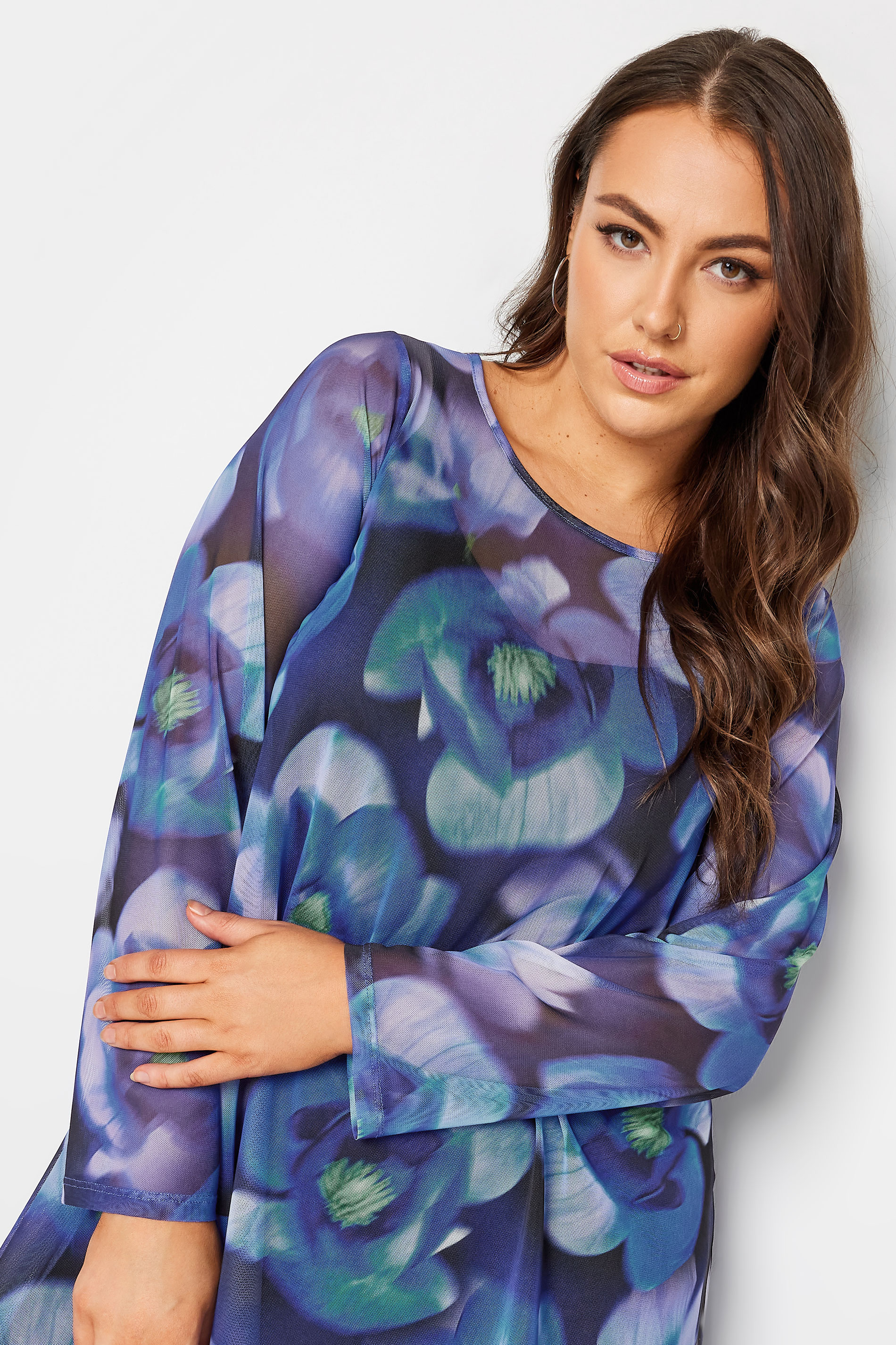 YOURS Plus Size Blue Floral Print Mesh Swing Top | Yours Clothing