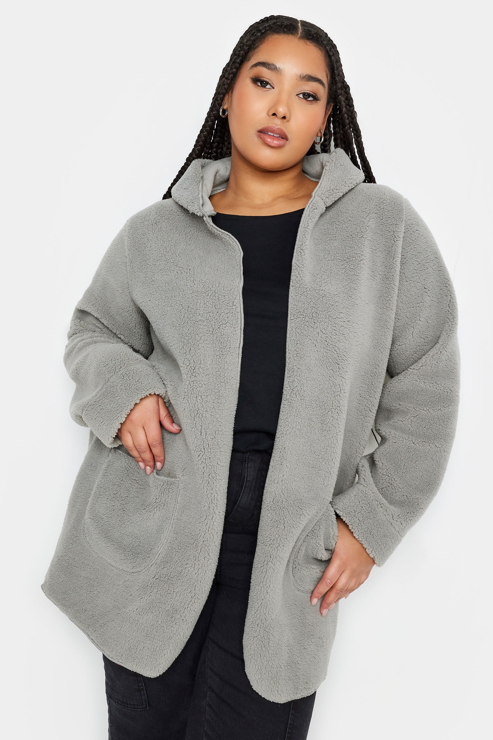 YOURS Plus Size Grey Teddy Hooded Jacket | Yours Clothing 1
