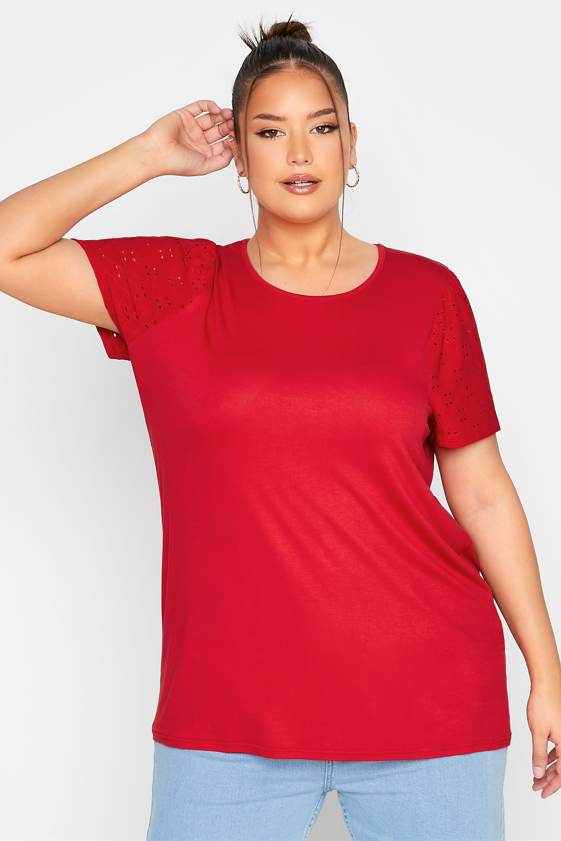 LIMITED COLLECTION Curve Red Broderie Anglaise Sleeve T-Shirt 1
