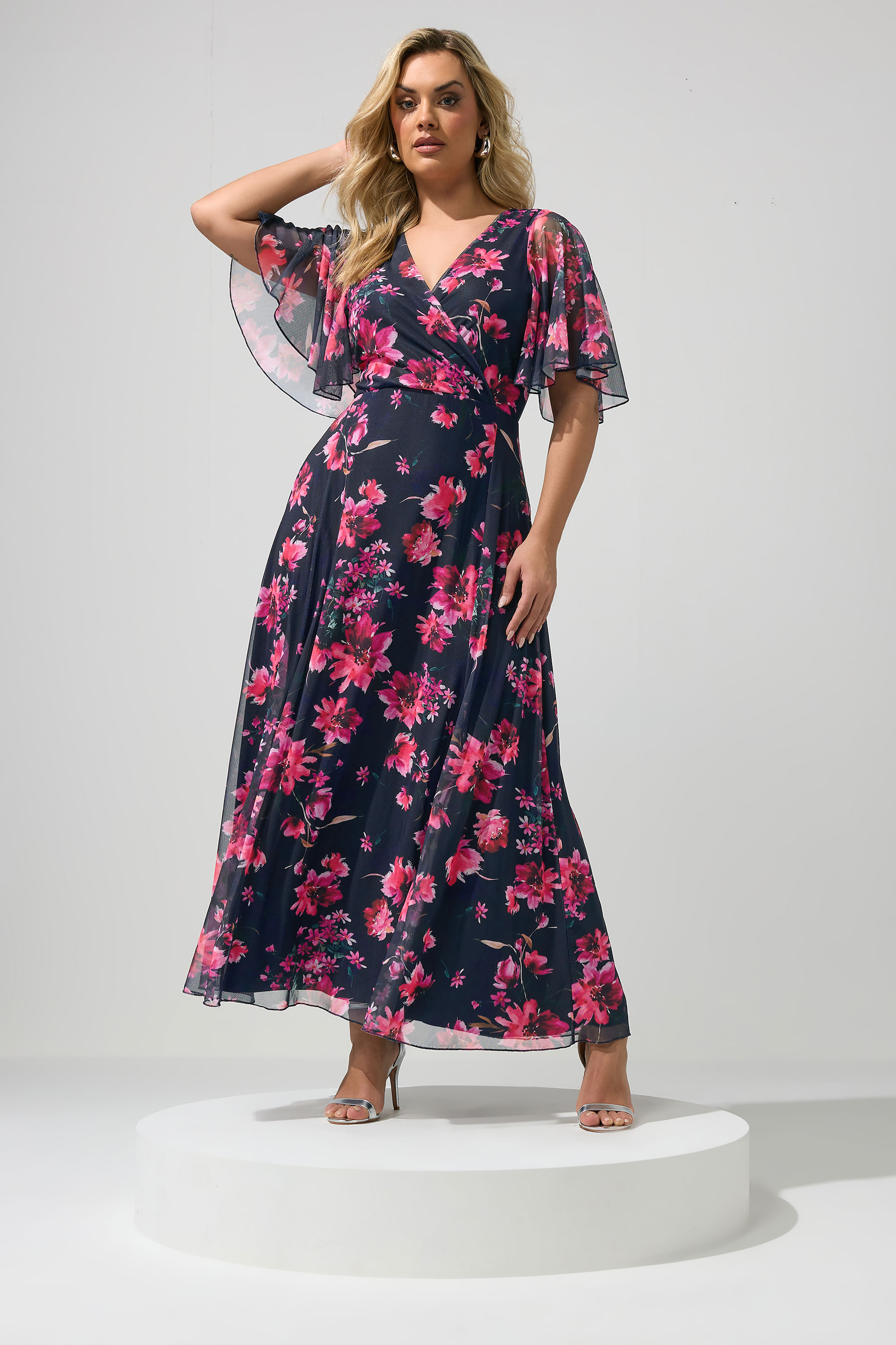 YOURS LONDON Plus Size Navy Blue Floral Angel Sleeve Maxi Dress | Yours Clothing 1