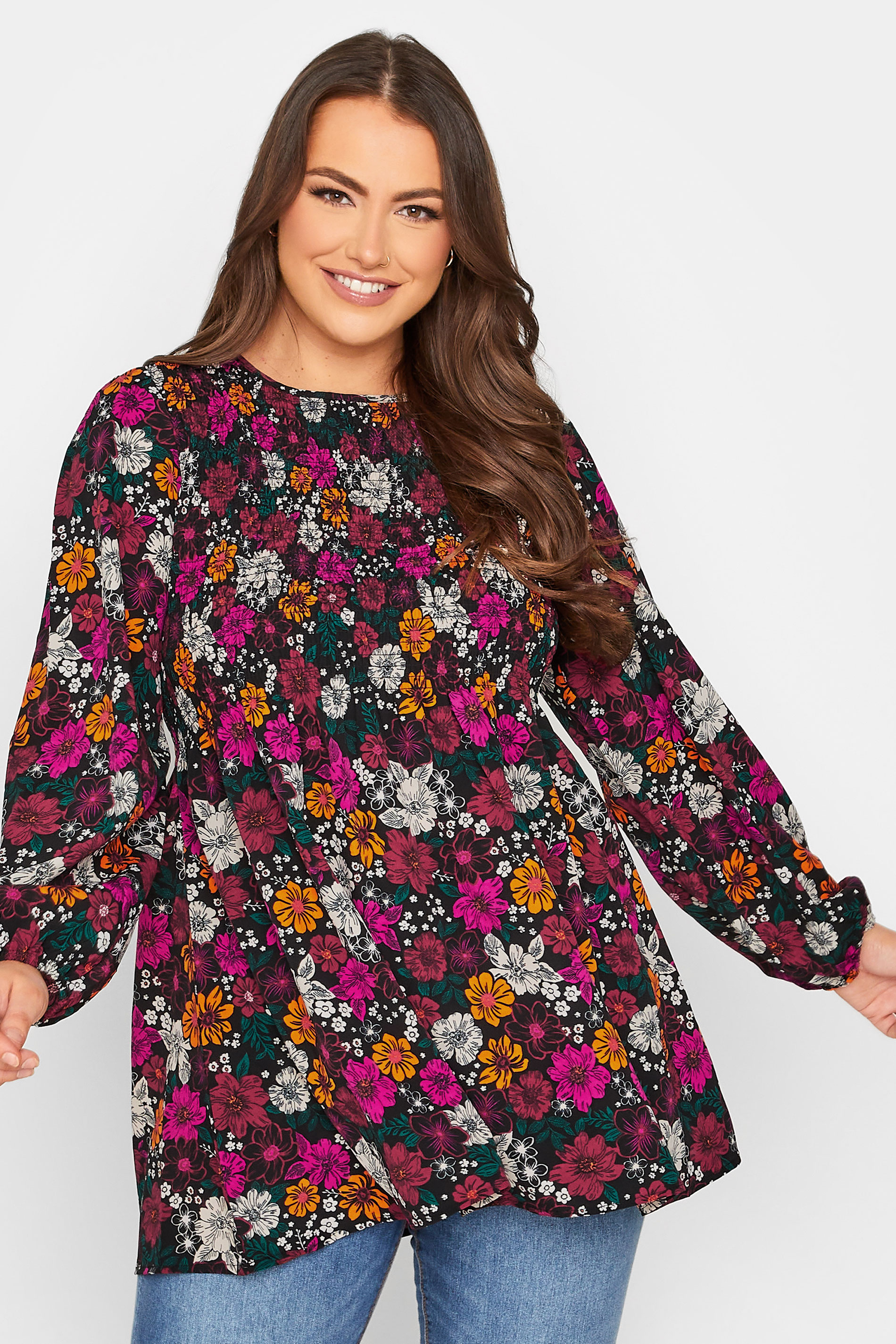 Plus Size Black Floral Print Shirred Top | Yours Clothing 1