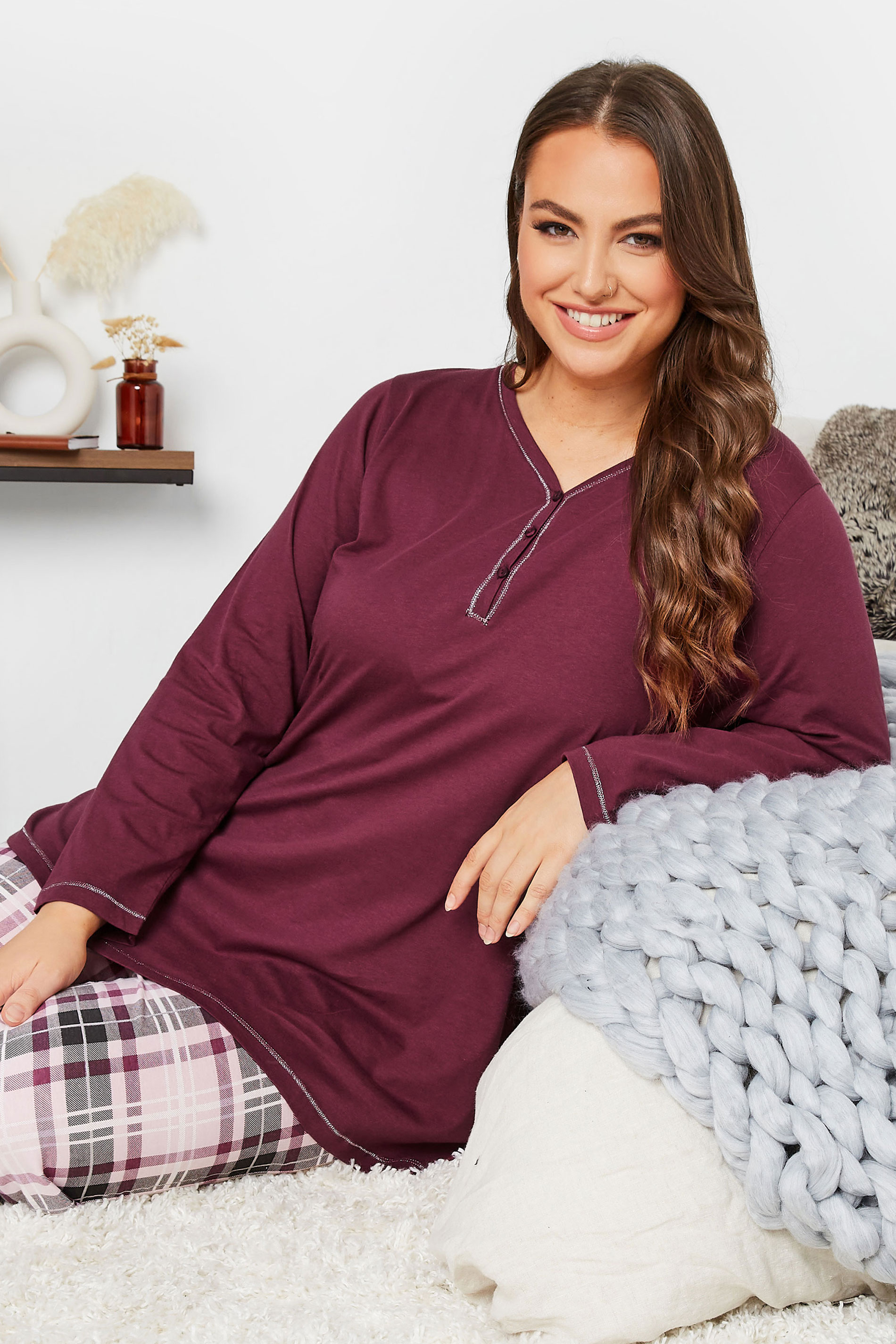 Plus Size Long Sleeve Burgundy Red Pyjama Top | Yours Clothing  1
