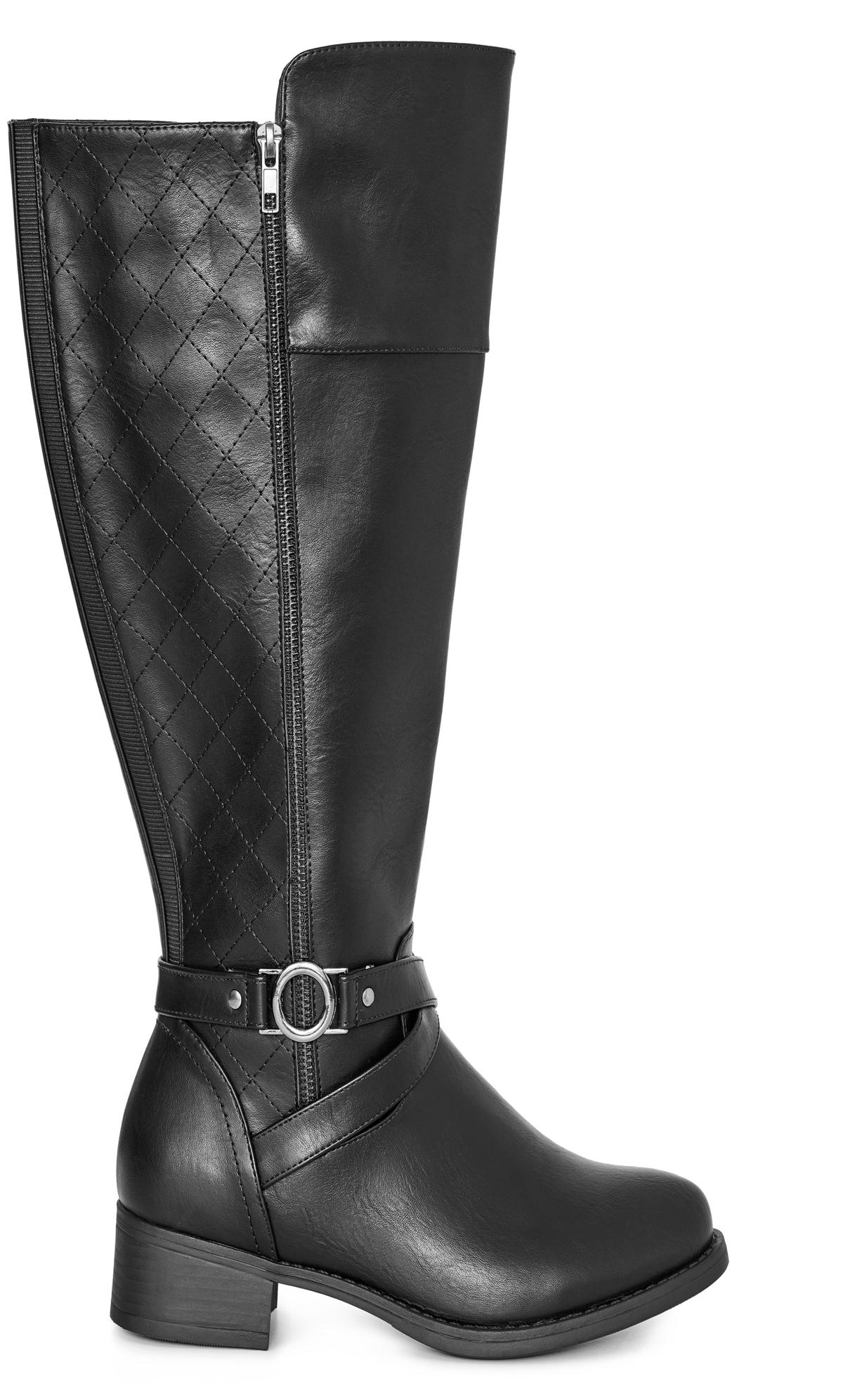 Evans Black WIDE FIT Quilted Buckle Knee High Boots 2