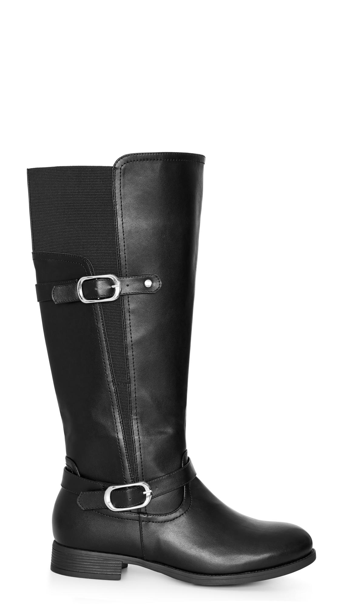 Evans Black WIDE FIT Faux Leather Buckle Detail Knee Hight Boots 2