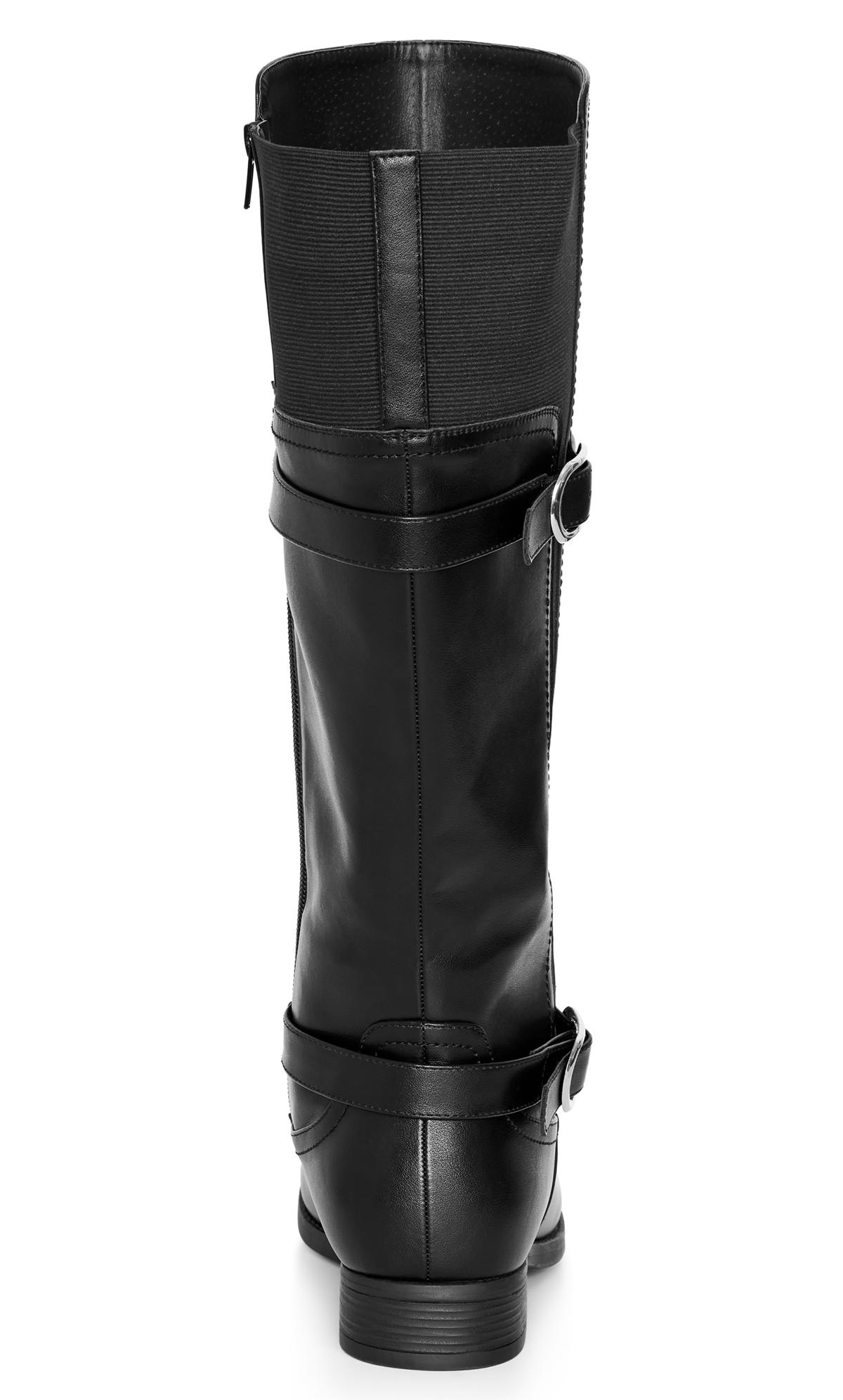Evans Black WIDE FIT Faux Leather Buckle Detail Knee Hight Boots 3