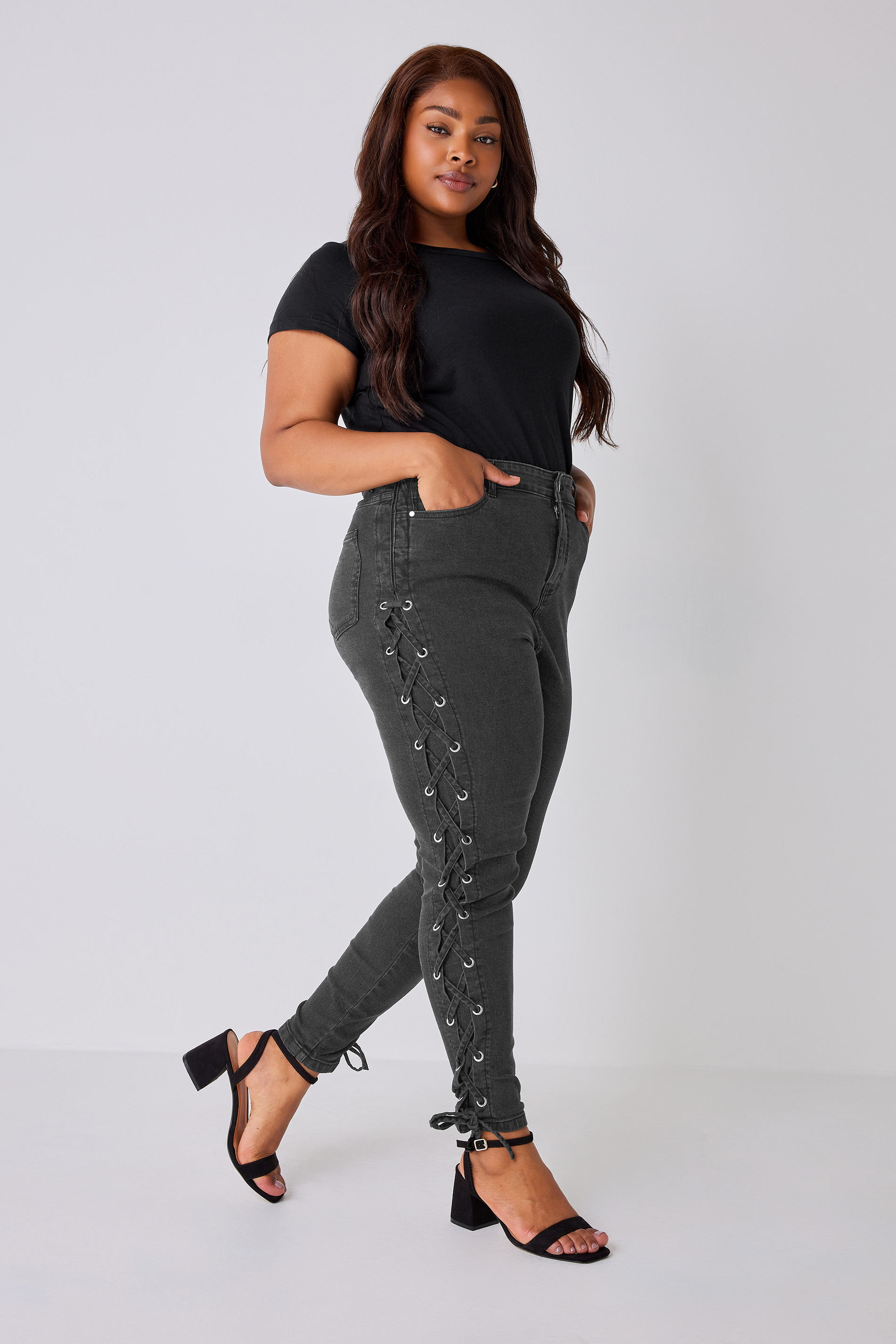 YOURS Plus Size Black Lace Up Detail Skinny AVA Jeans