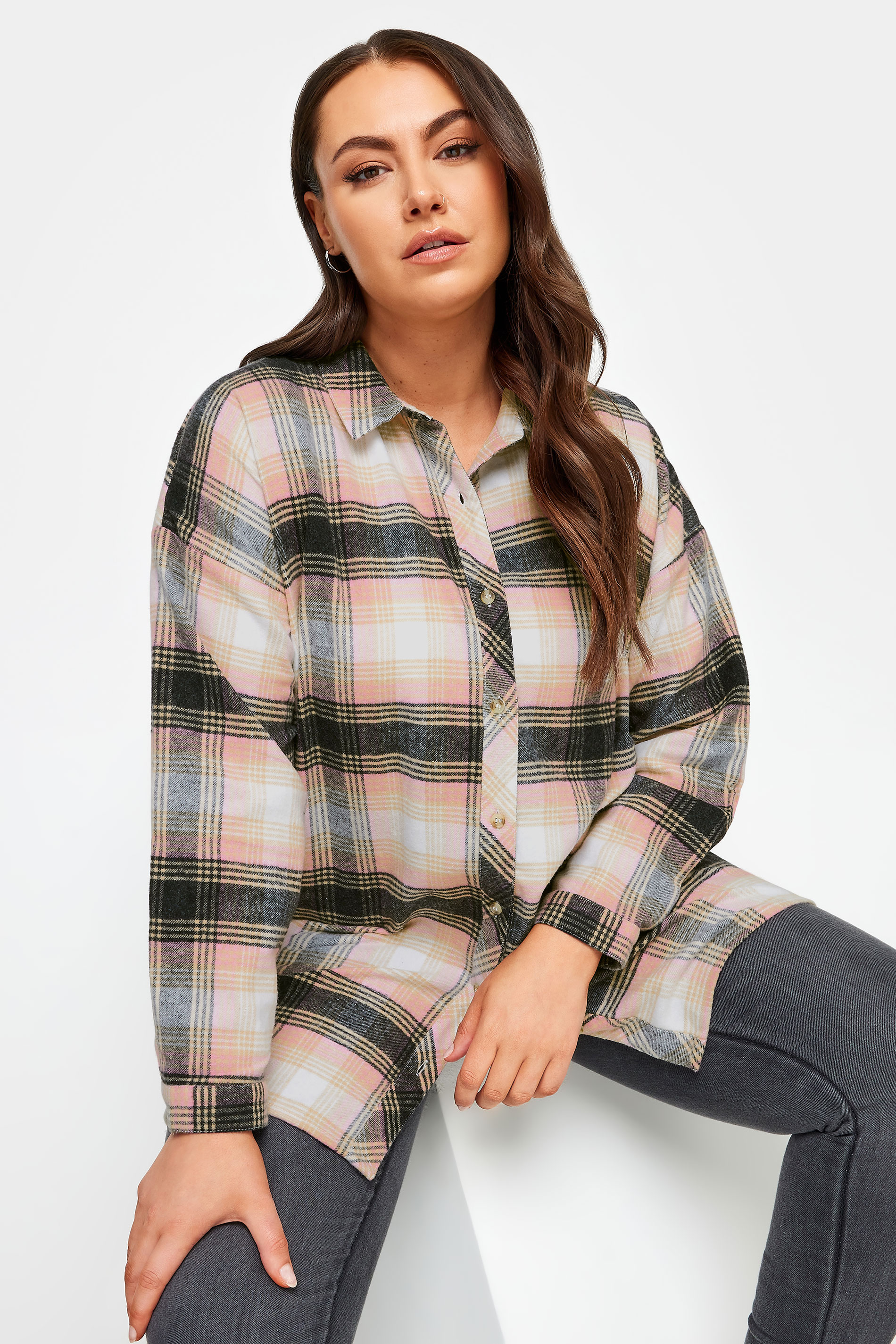 YOURS Plus Size Pink Check Print Boyfriend Shirt | Yours Clothing 2