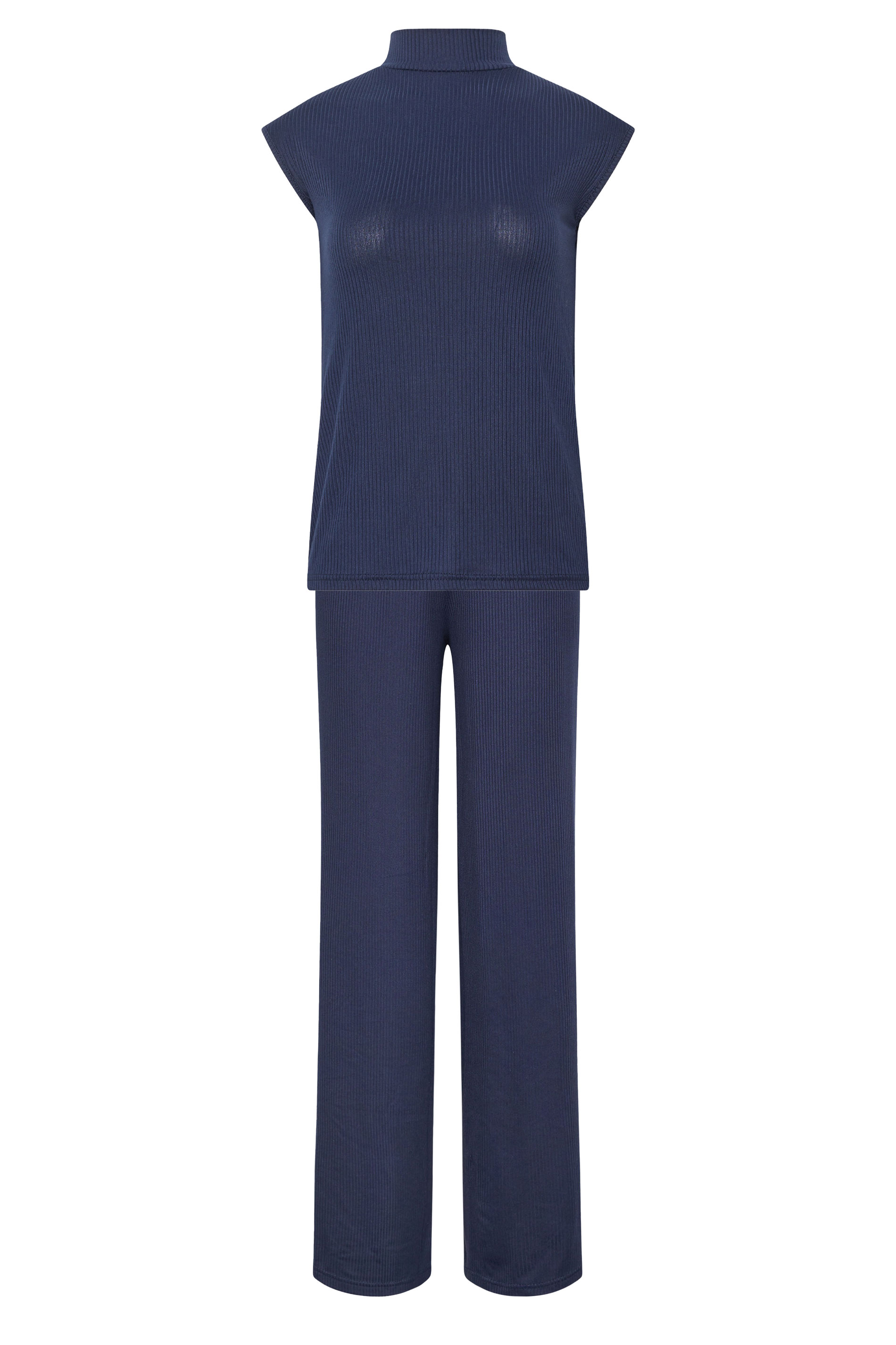 LTS Tall Women's Set Navy Blue Ribbed Tie Back Top & Wide Leg Trousers | Long Tall Sally 7