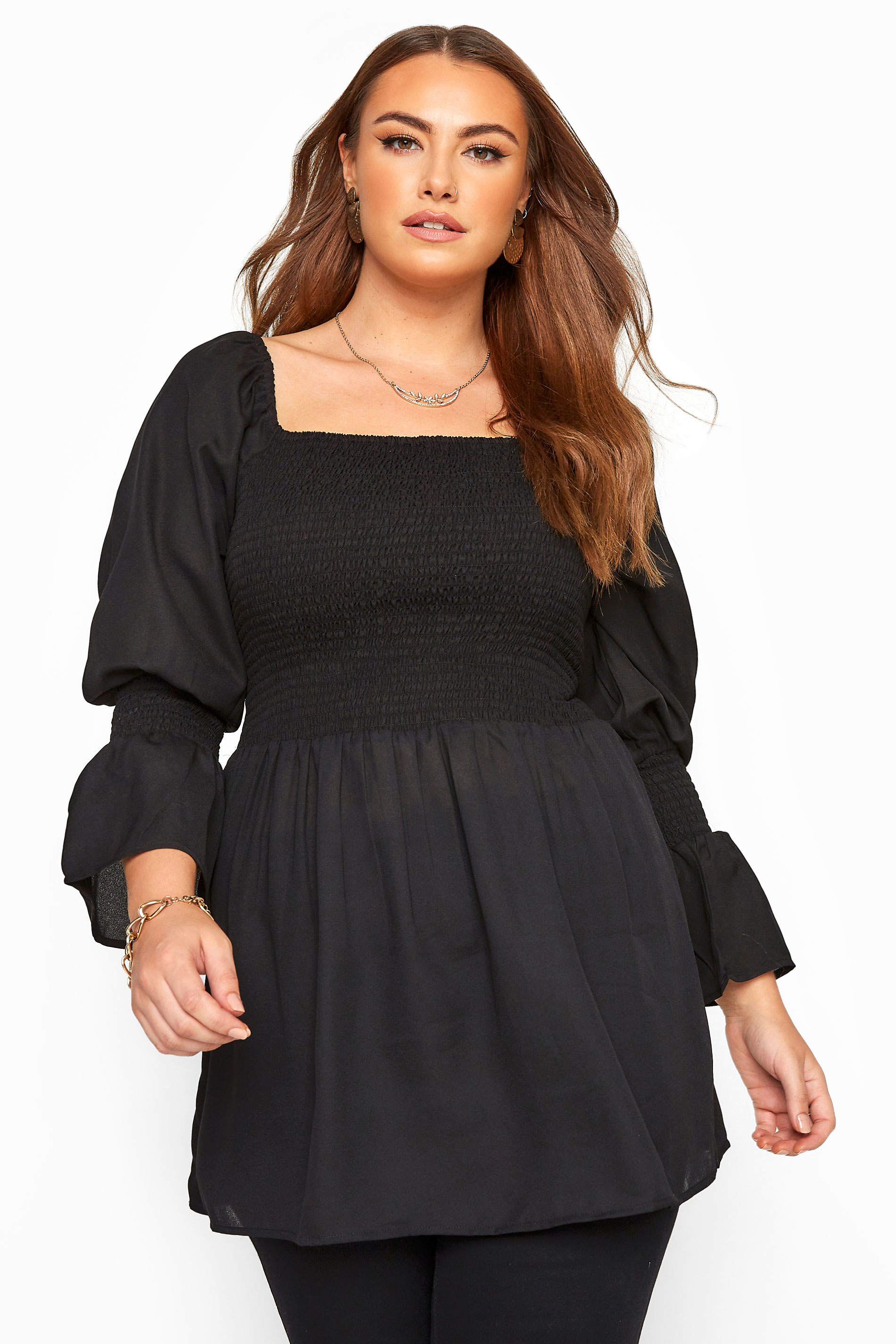 Black Shirred Square Neck Smock Top | Yours Clothing