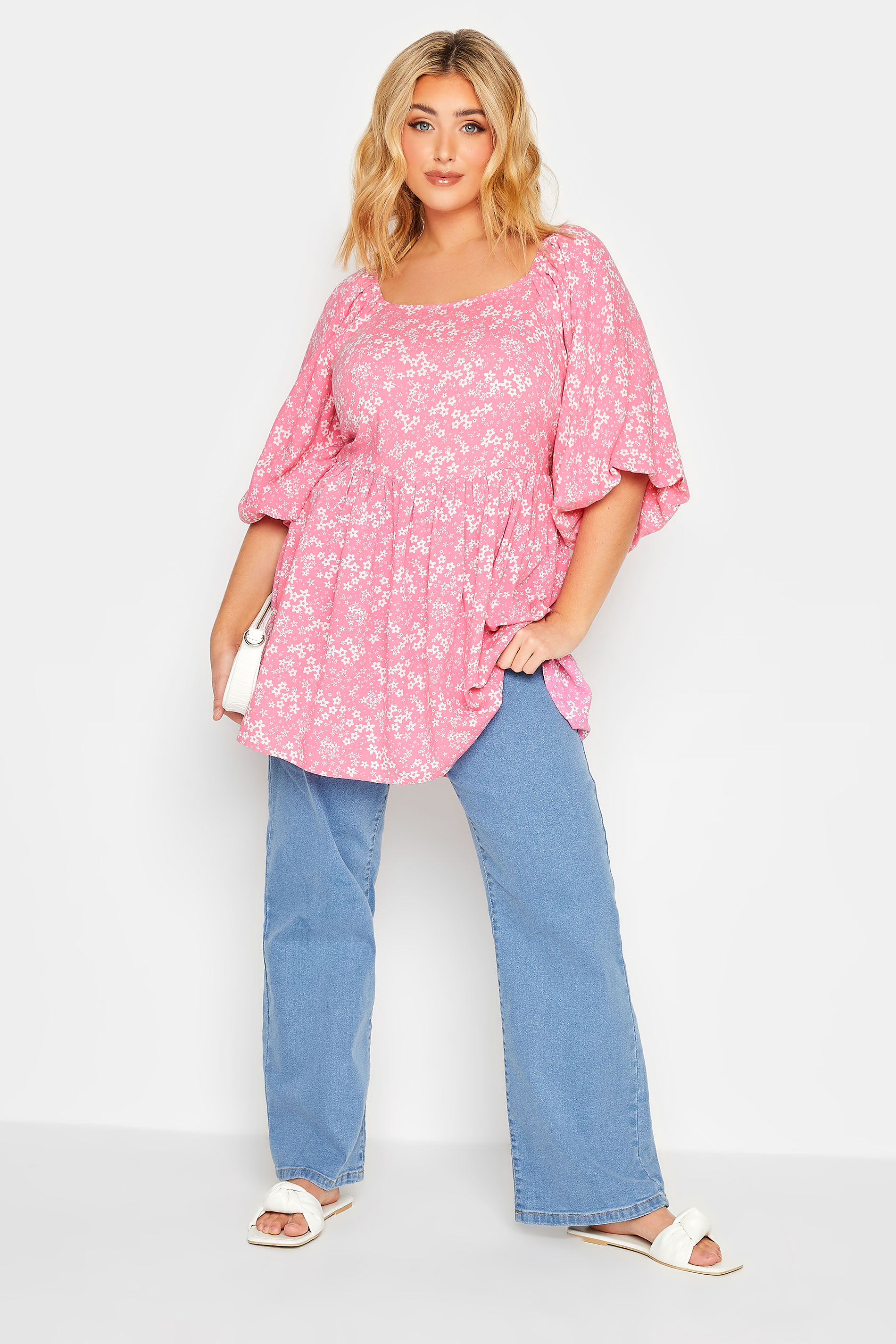 YOURS Plus Size Pink Ditsy Print Balloon Sleeve Top | Yours Clothing 2