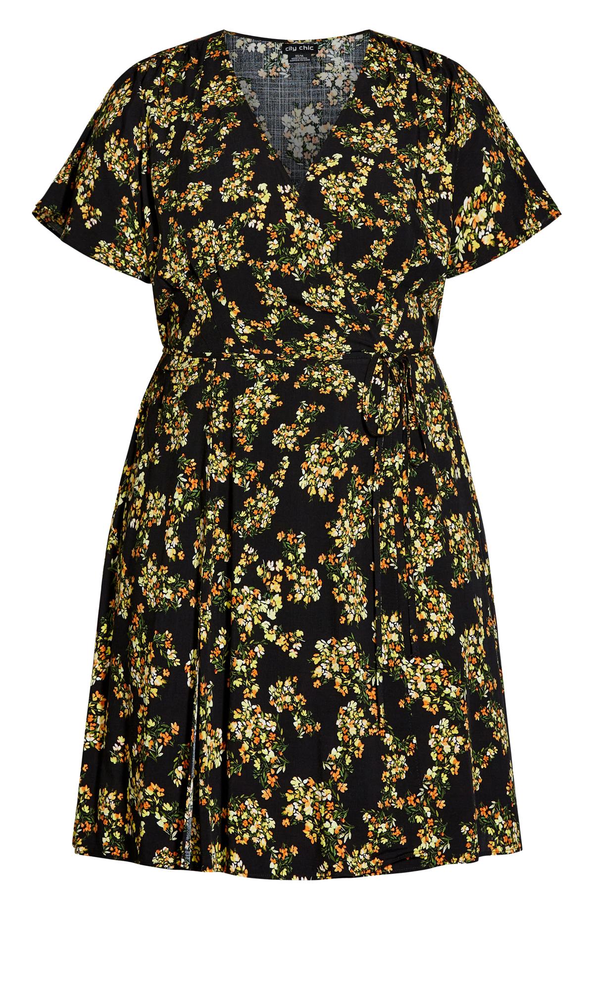 Evans Black & Yellow Floral Print Puff Sleeve Wrap Dress 3