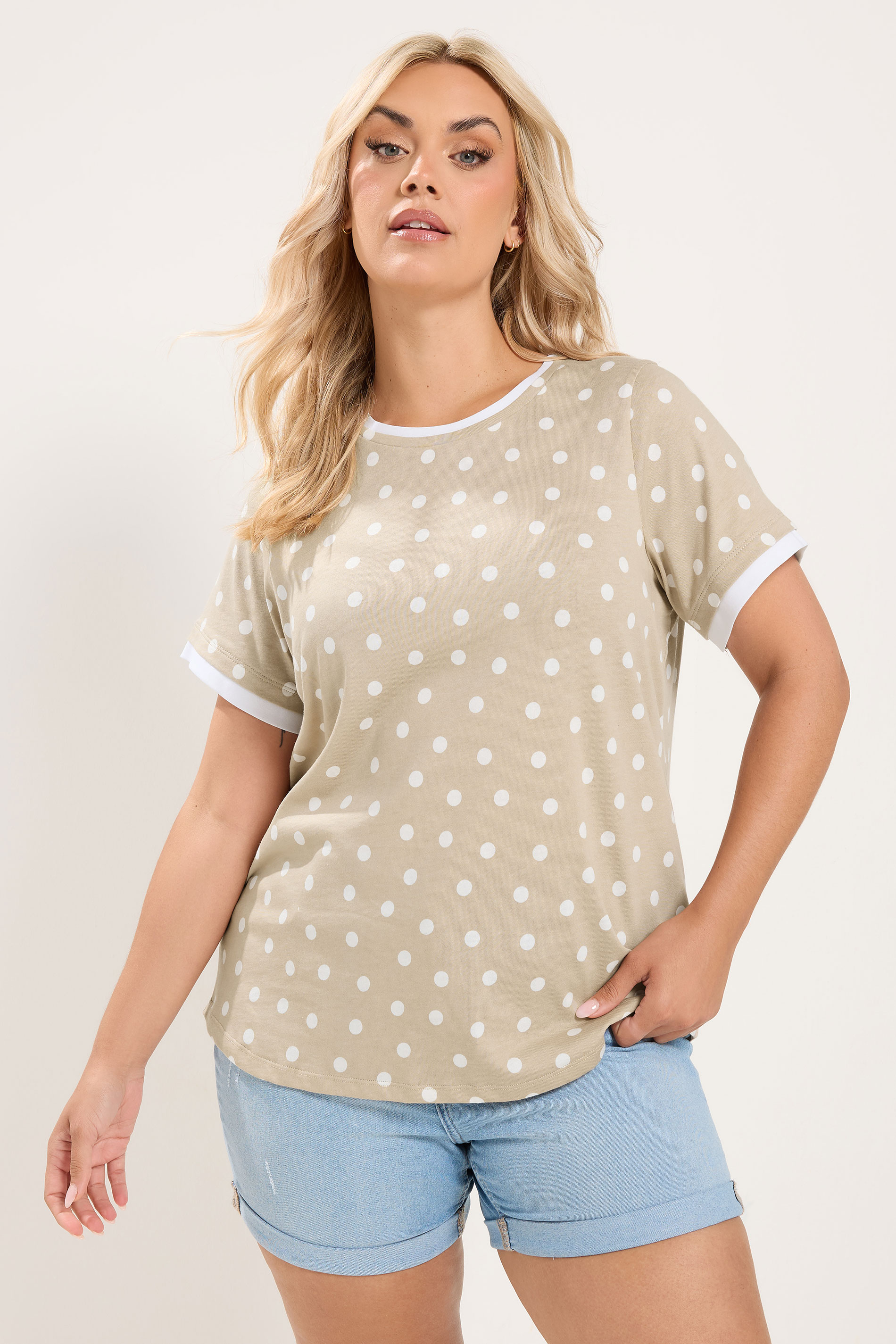 YOURS Plus Size Mocha Brown Spot Contrast Sleeve T-Shirt | Yours Clothing 3