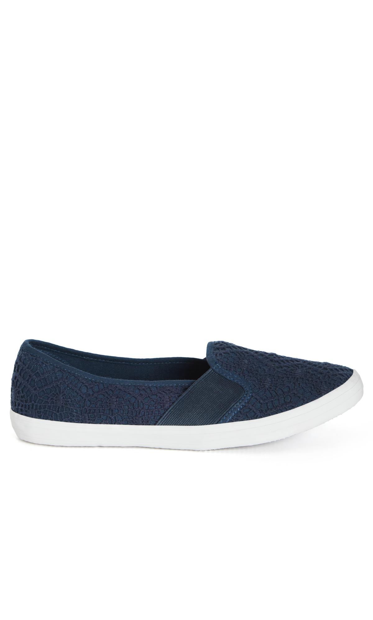 Evans WIDE FIT Navy Blue Broderie Anglaise Slip On Trainers 2