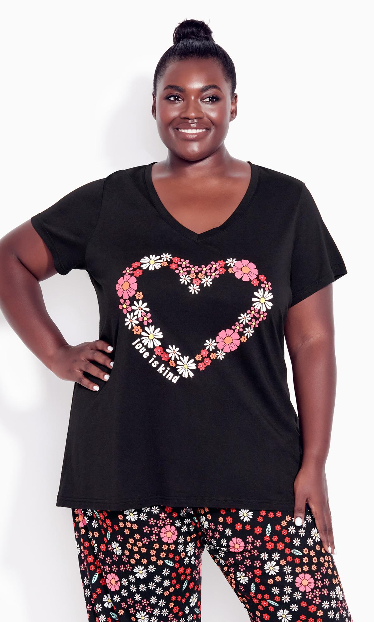 Evans Black Floral Heart Print Pyjama Top 1