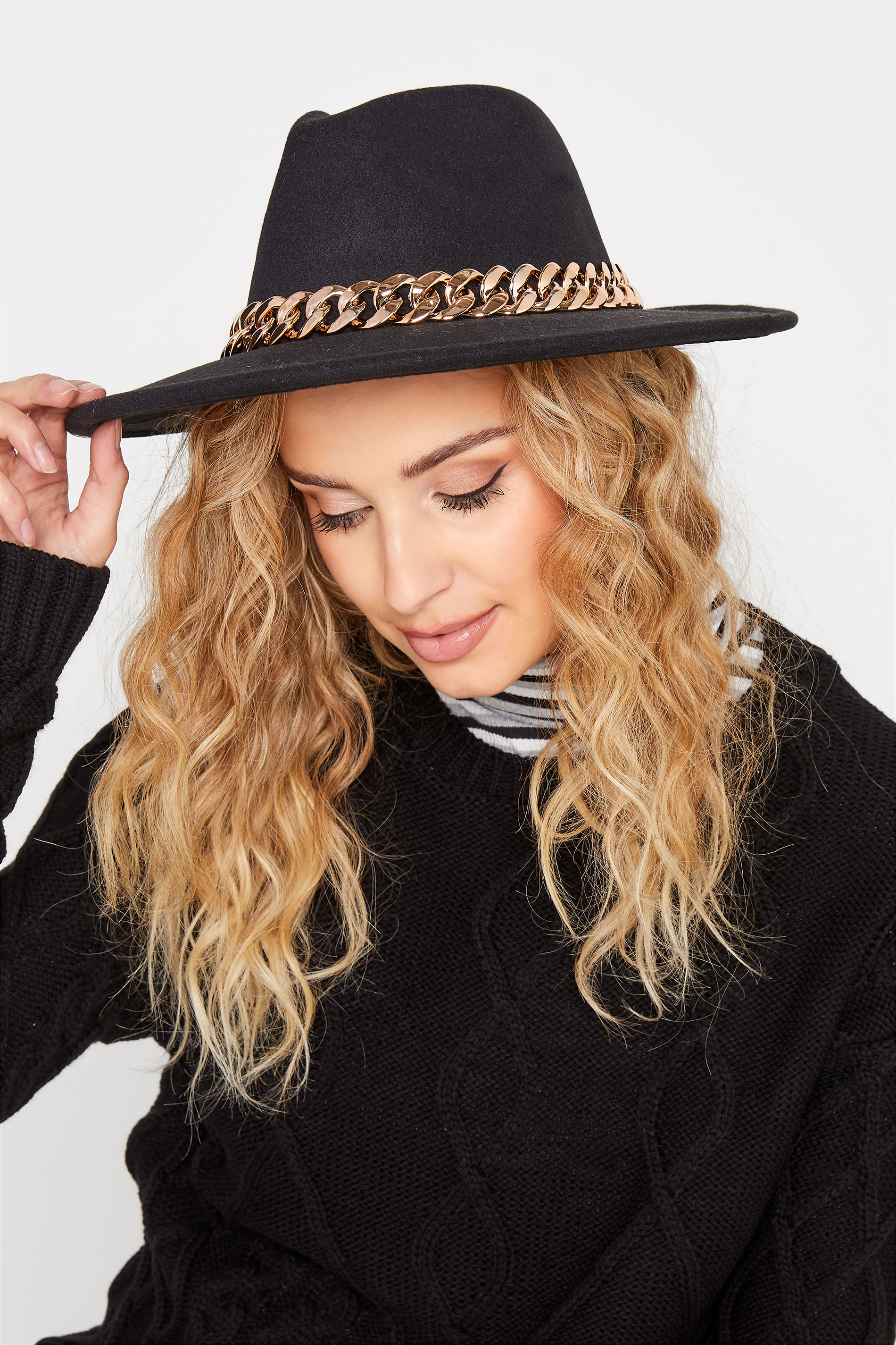 Plus Size Black Fedora Chain Hat | Yours Clothing 1