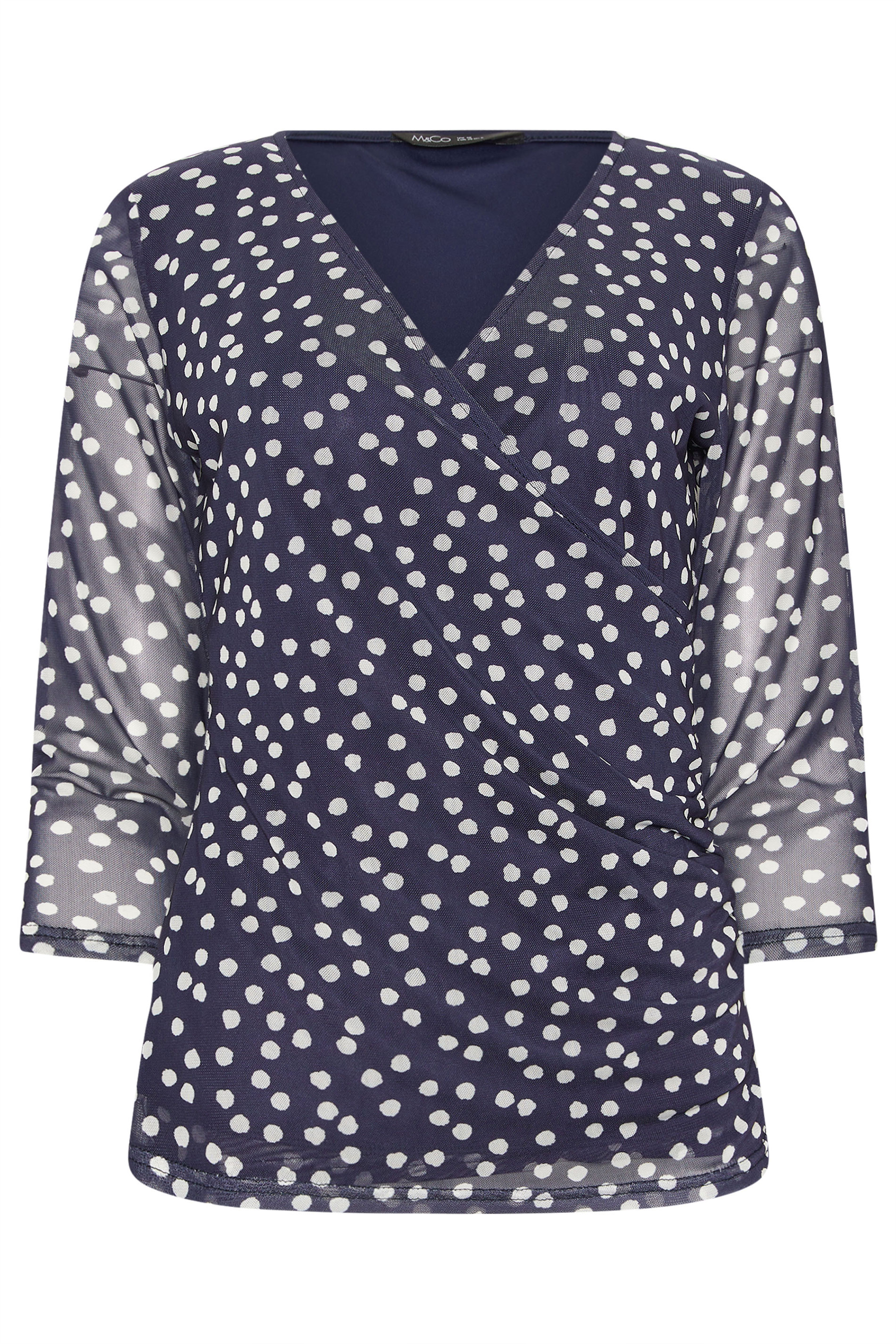 M&Co Navy Blue Polka Dot Mesh Sleeve Wrap Top | M&Co 5
