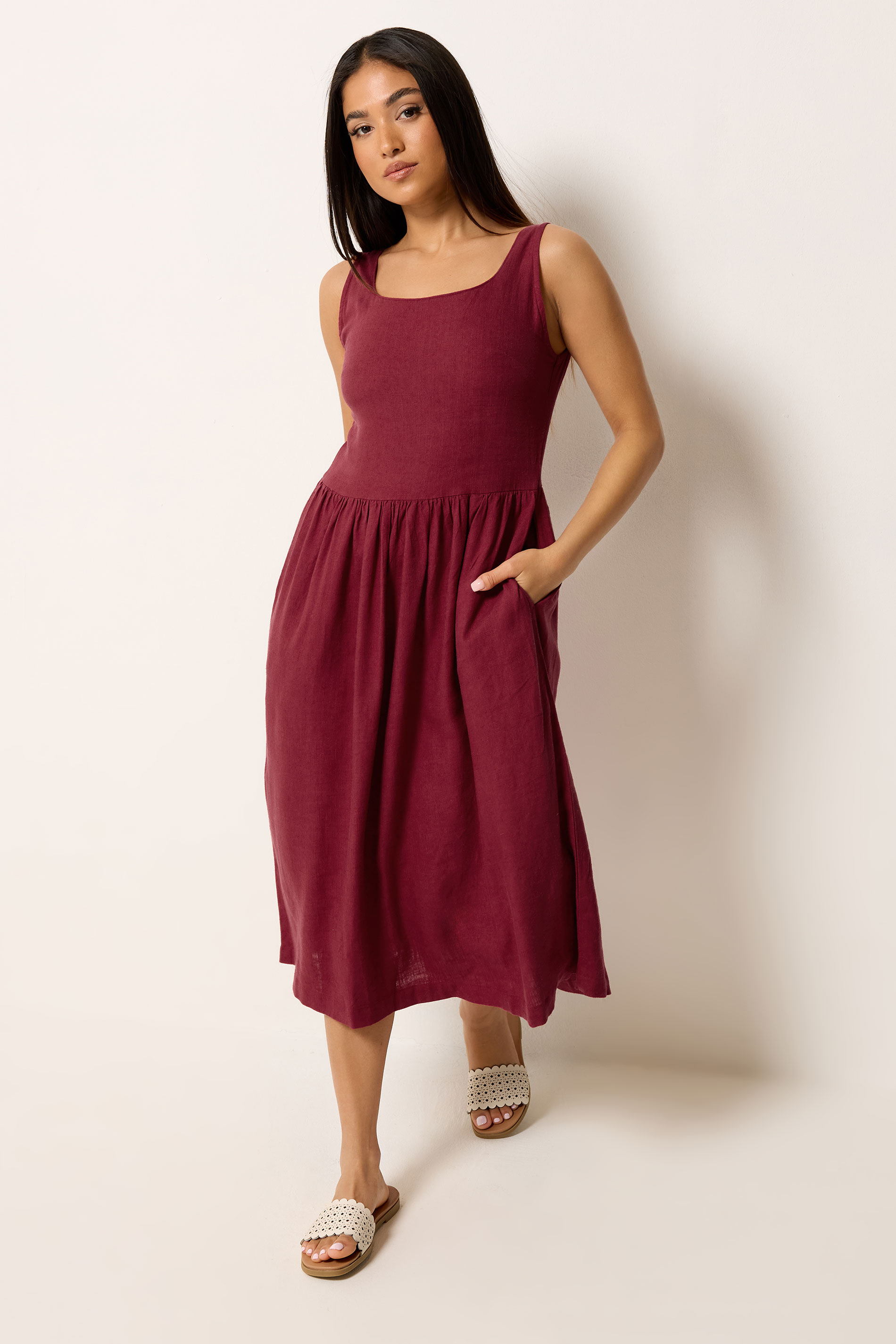 M&Co Petite Berry Purple Linen Midi Dress | M&Co 2